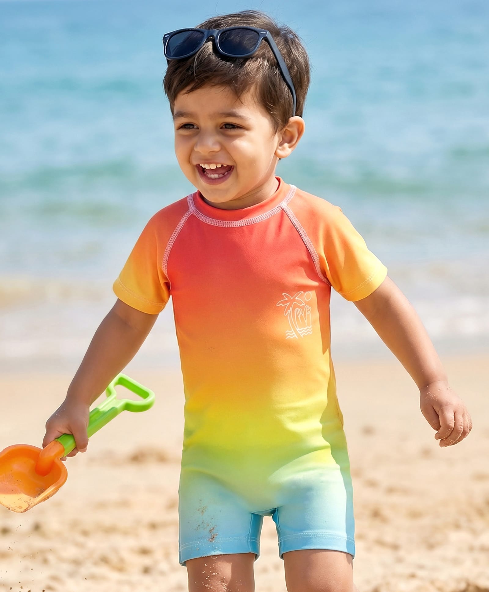 Babyhug Water Repellent Half Raglan Sleeves Legged Swimsuit With Tree Print - Multicolor