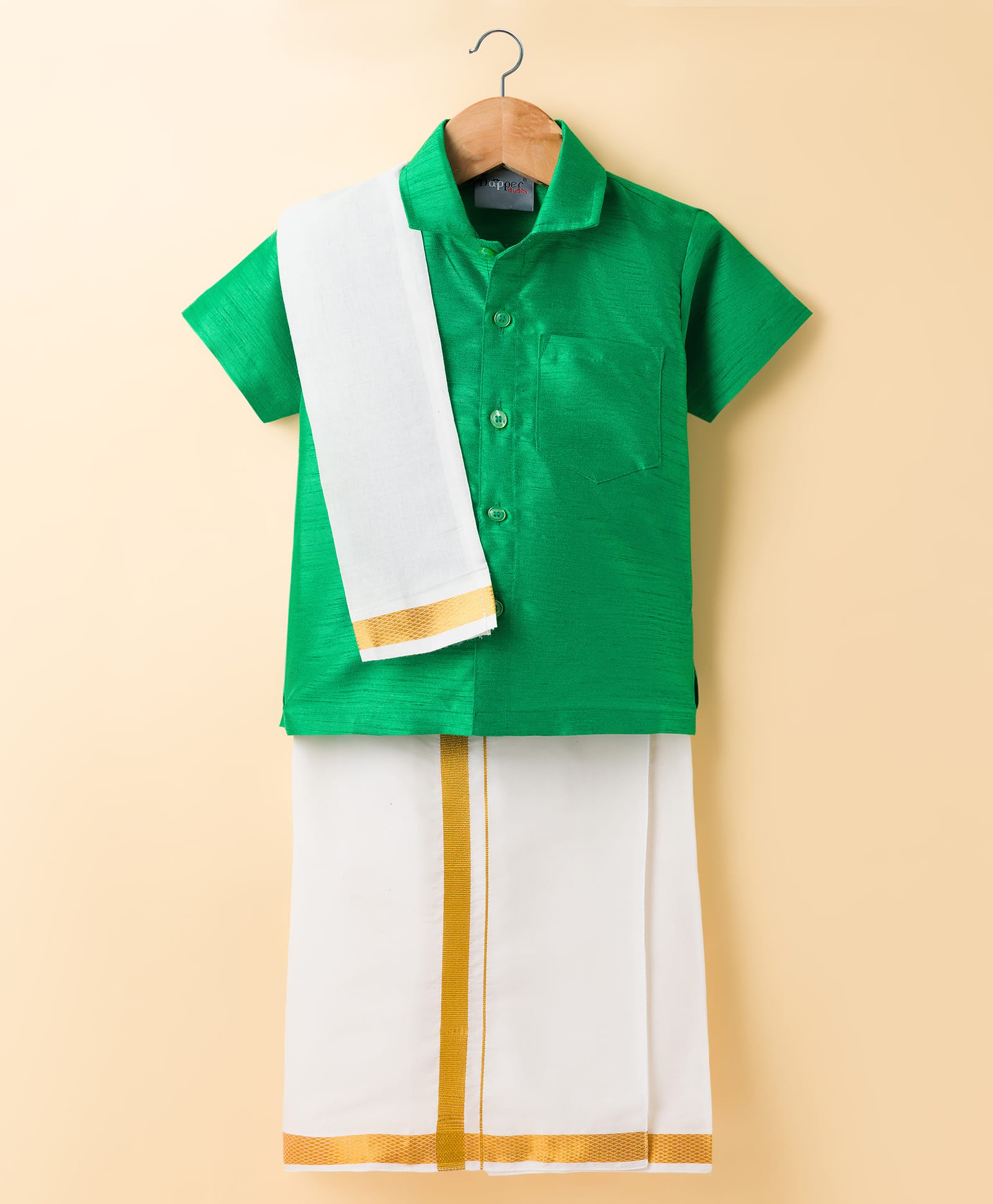Dapper Dudes Half Sleeves Solid Shirt With Mundu & Angavastram Set - Green-picture-35