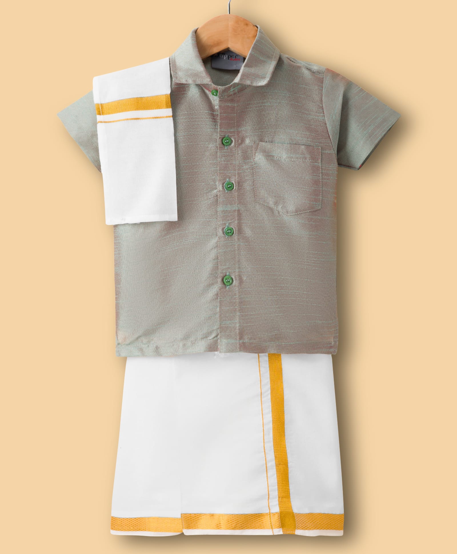Dapper Dudes Half Sleeves Solid Shirt With Mundu & Angavastram Set - Sea Green-picture-36