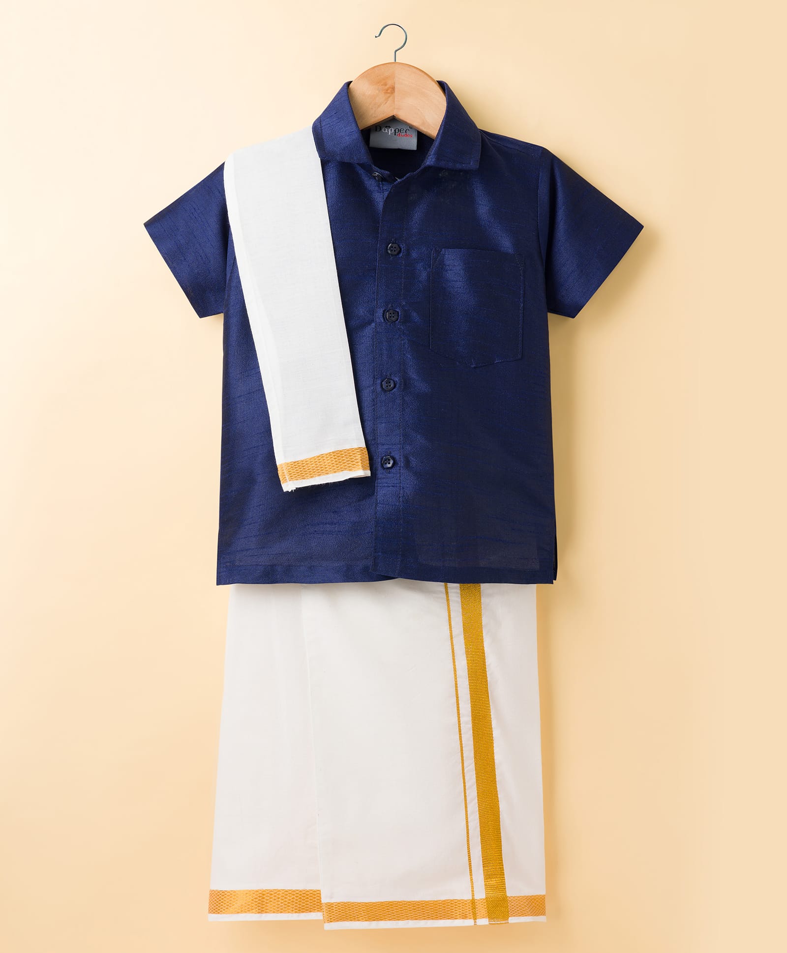 Dapper Dudes Half Sleeves Solid Shirt With Mundu & Angavastram Set - Navy Blue-picture-33