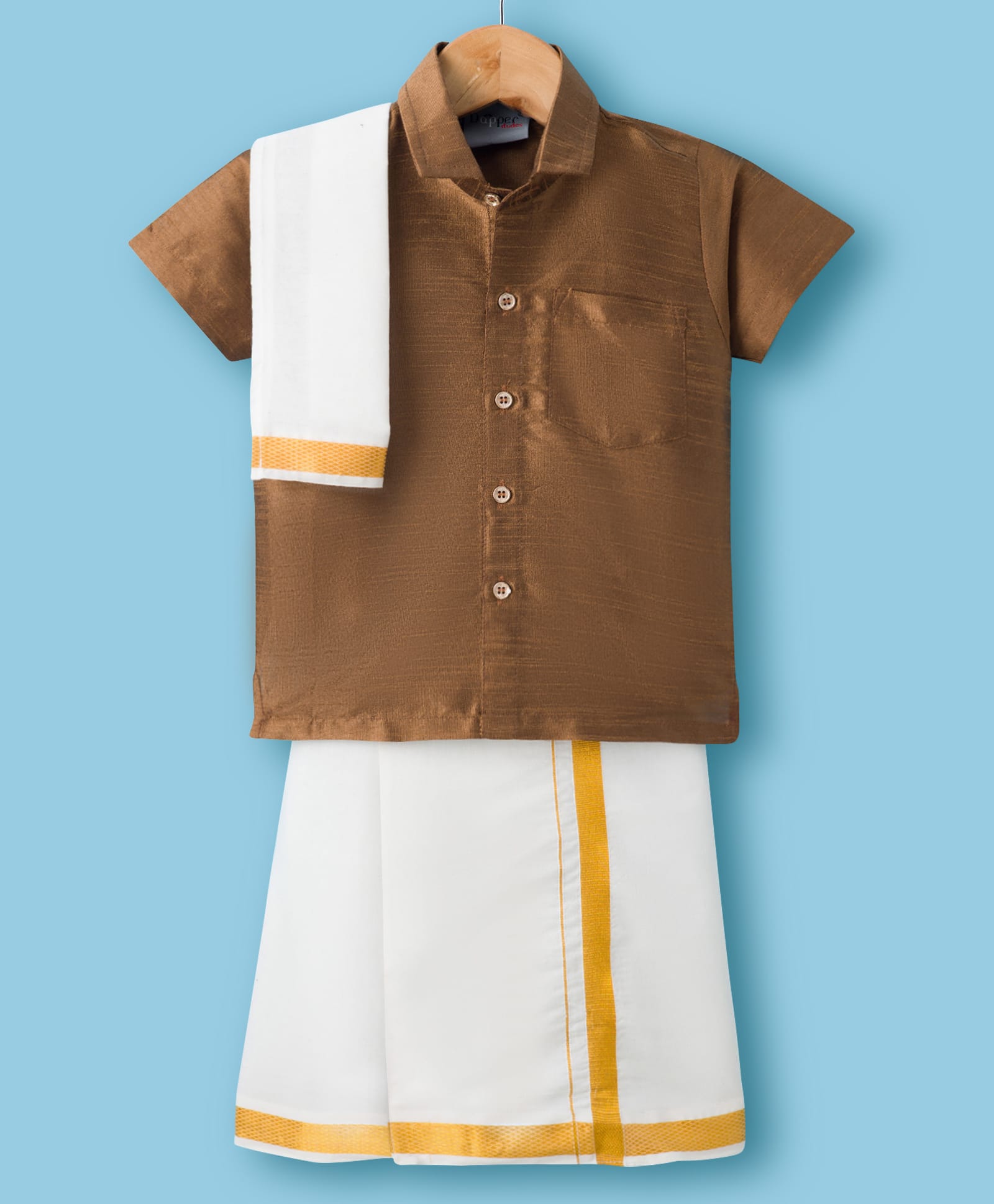 Dapper Dudes Half Sleeves Solid Shirt With Mundu & Angavastram Set - Brown-picture-38