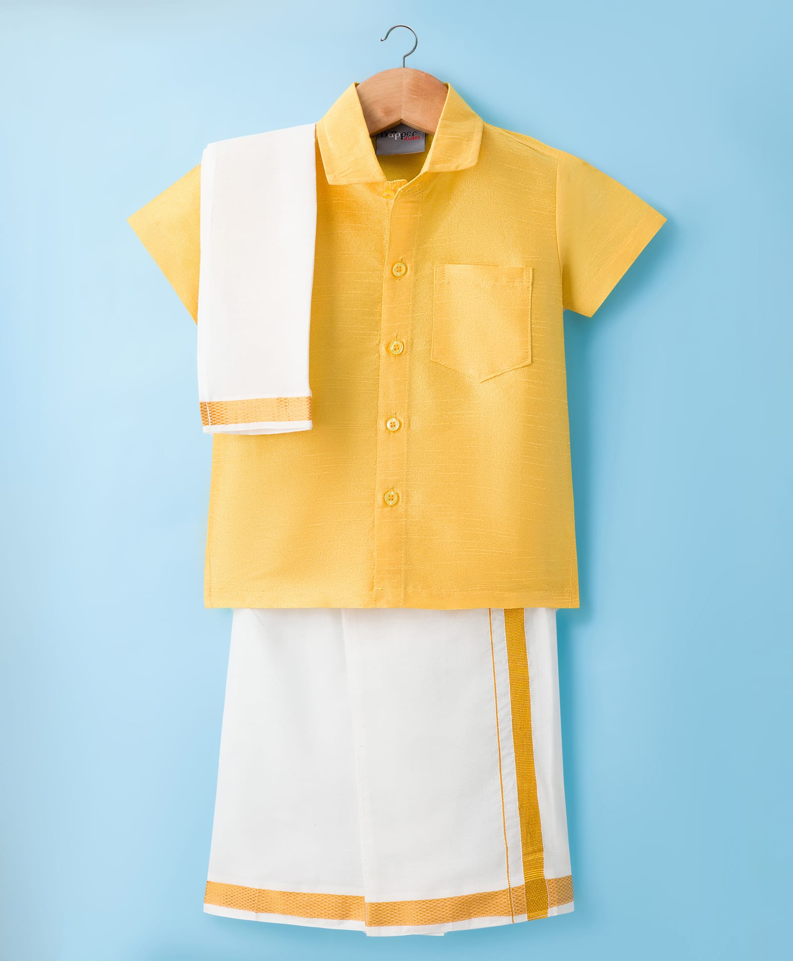 Dapper Dudes Half Sleeves Solid Shirt With Mundu & Angavastram Set - Yellow-picture-32