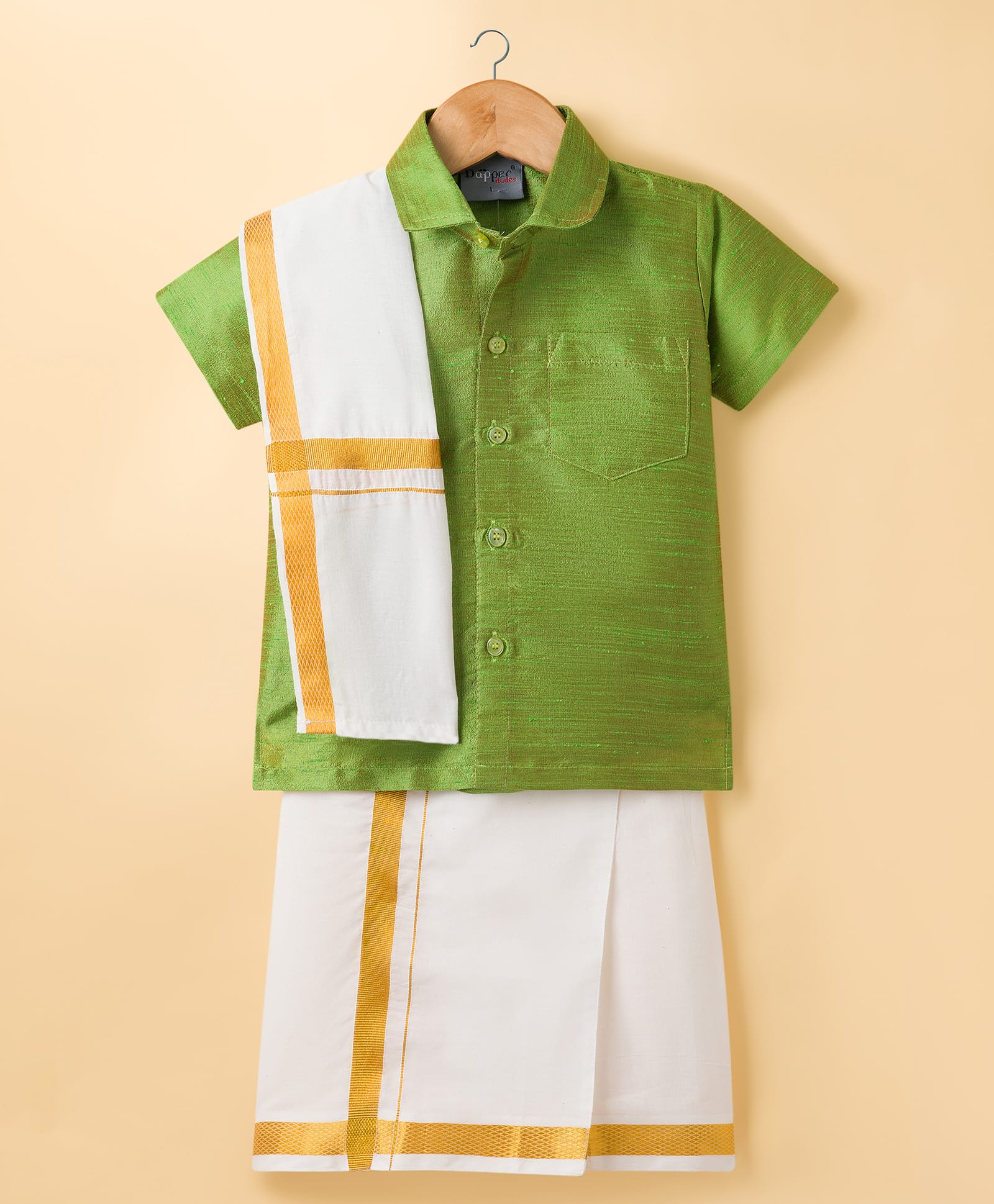 Dapper Dudes Half Sleeves Solid Shirt With Mundu & Angavastram Set - Light Green-picture-39