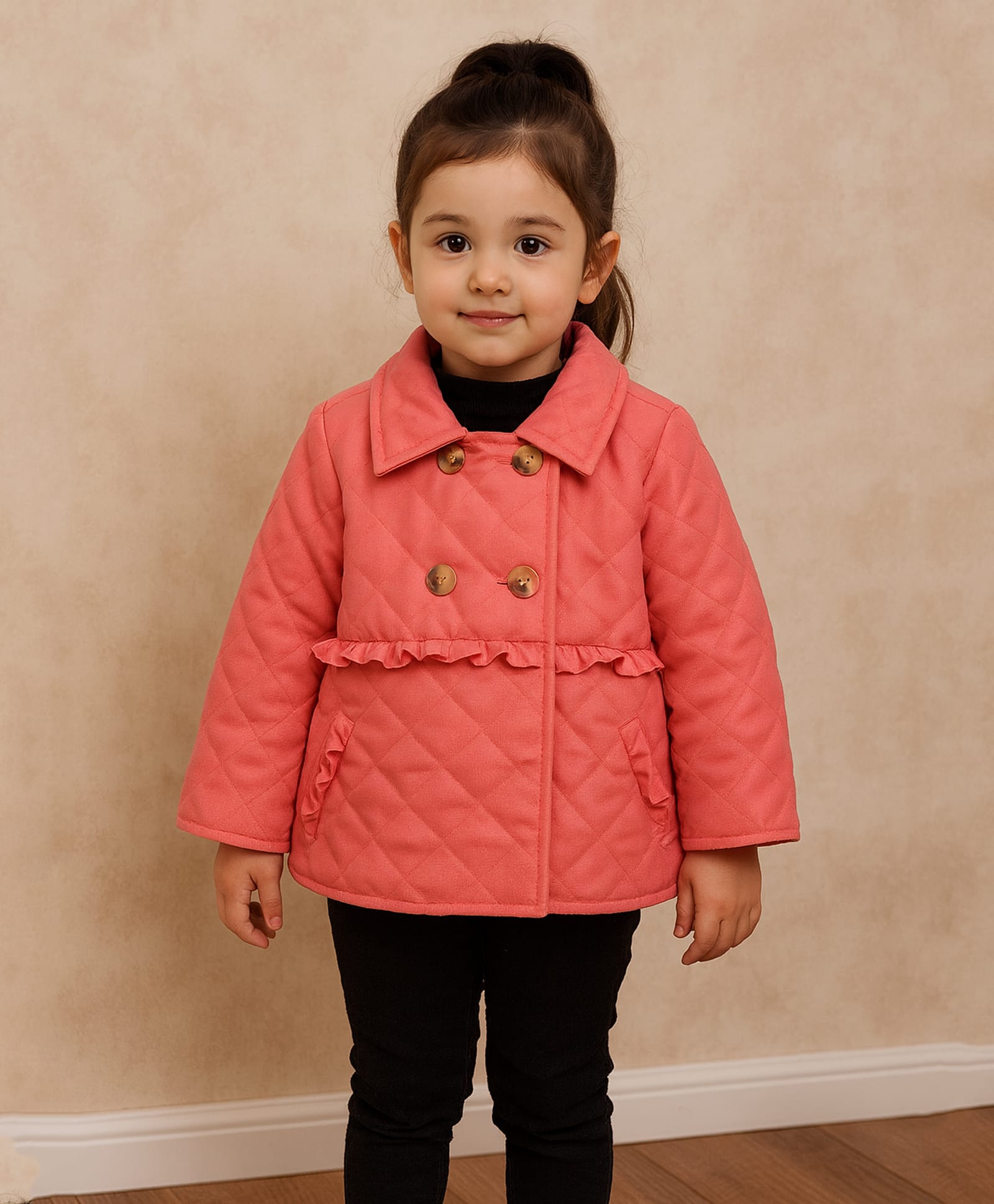 KIDSDEW Woven Full Sleeves Frill Detailed Quilted Jacket - Orange-image-13
