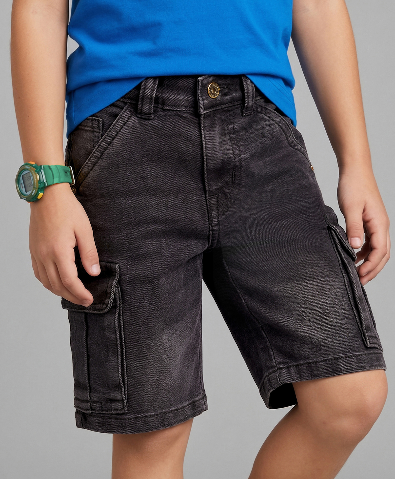 Primo Gino Woven Knee Length Washed Denim Cargo Shorts - Charcoal Grey-picture-14