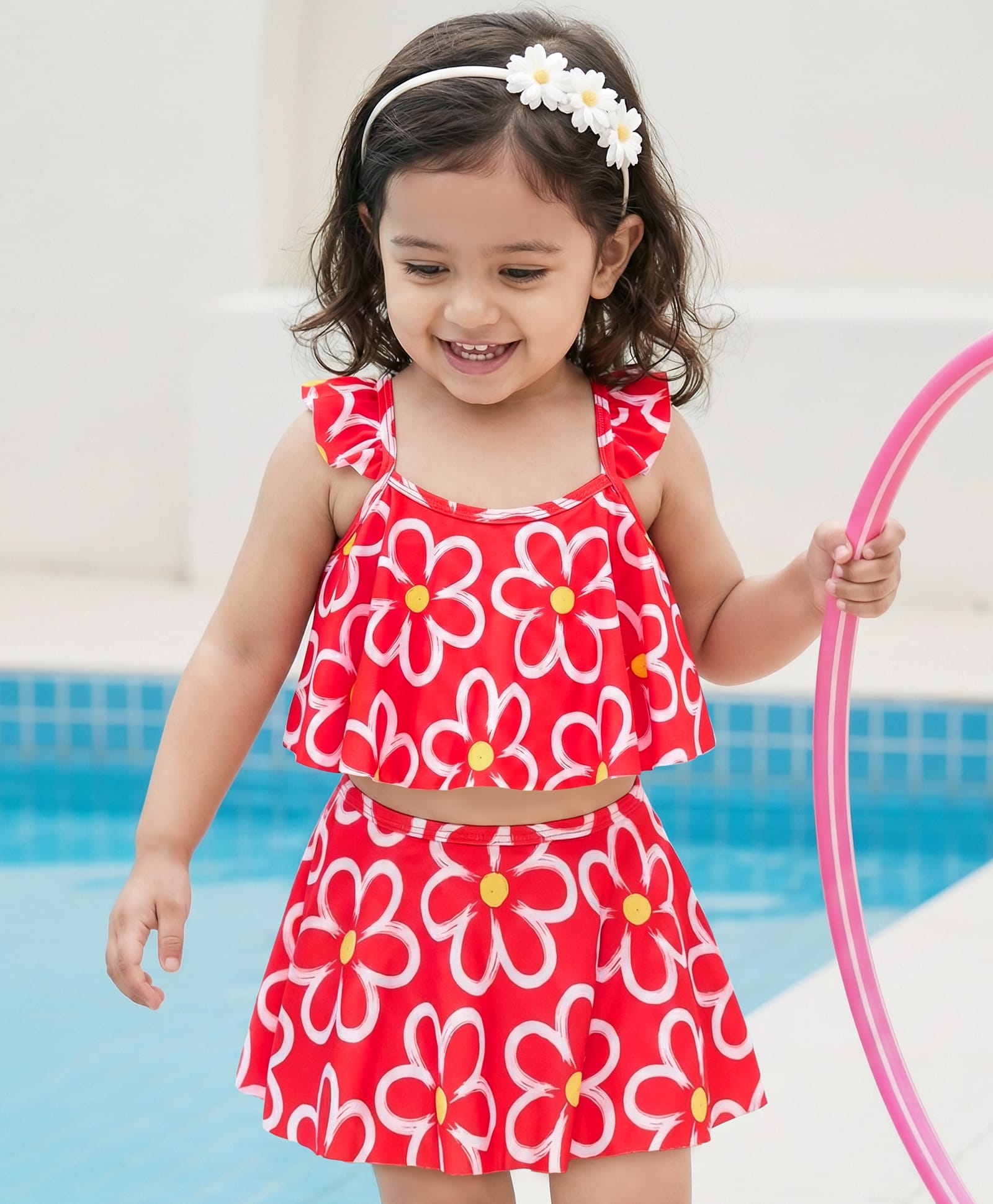 Babyhug Water Repellant Sleeveless Two Piece Swimsuit With Floral Print - Red