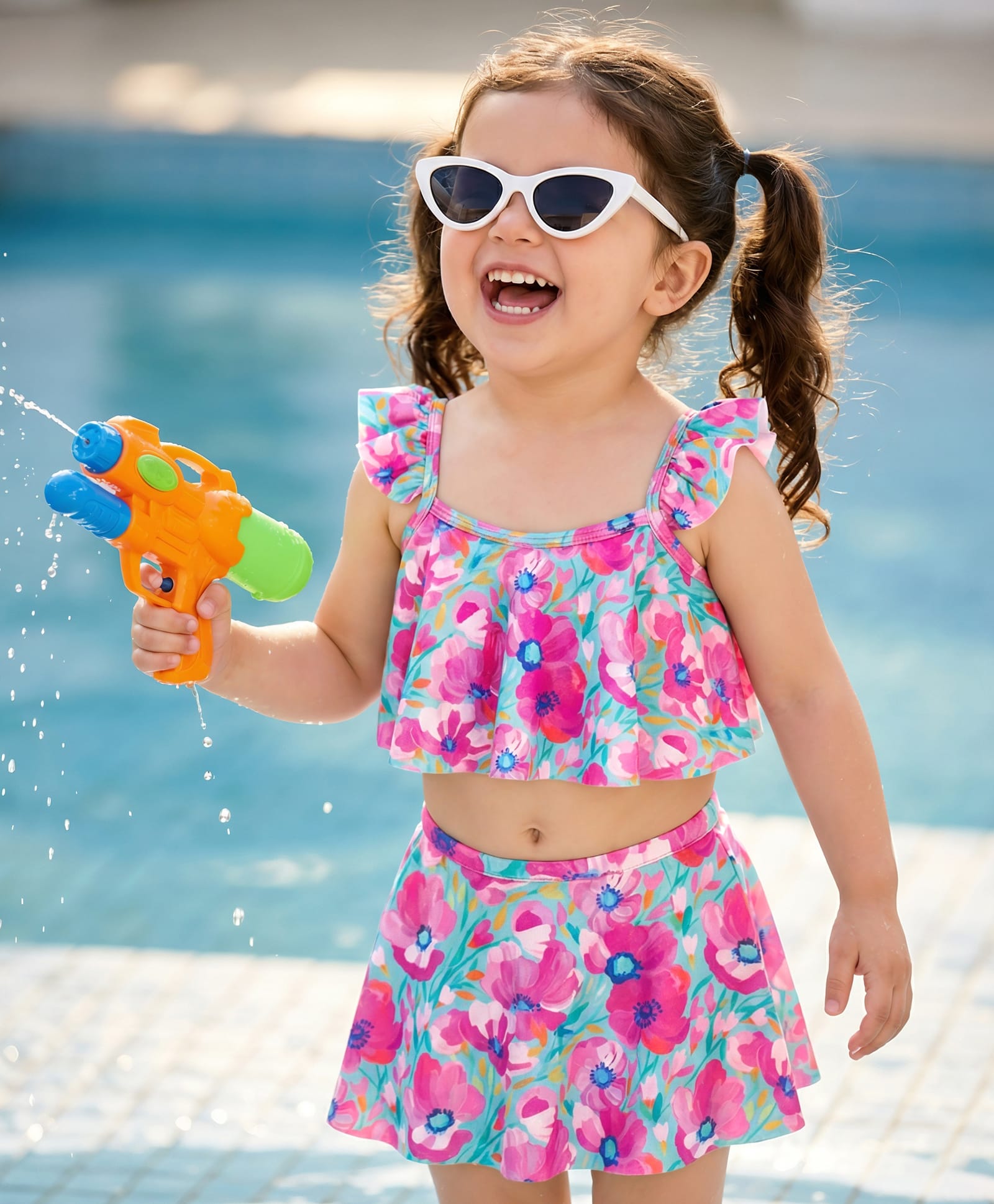 Babyhug Sleeveless Water Repellant Two Piece Swimsuit with Frill Detailing & Floral Print - Pink & Light Blue-image-28