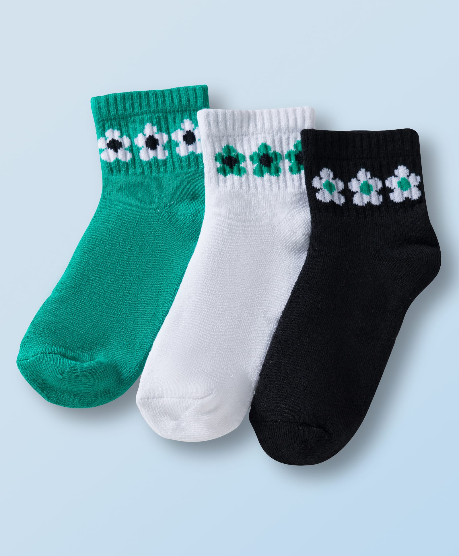 Honeyhap Premium Cotton Bamboo Spandex Ankle Length Socks With Bio Finish Floral Design Pack Of 3 - Green Black & White-picture-48