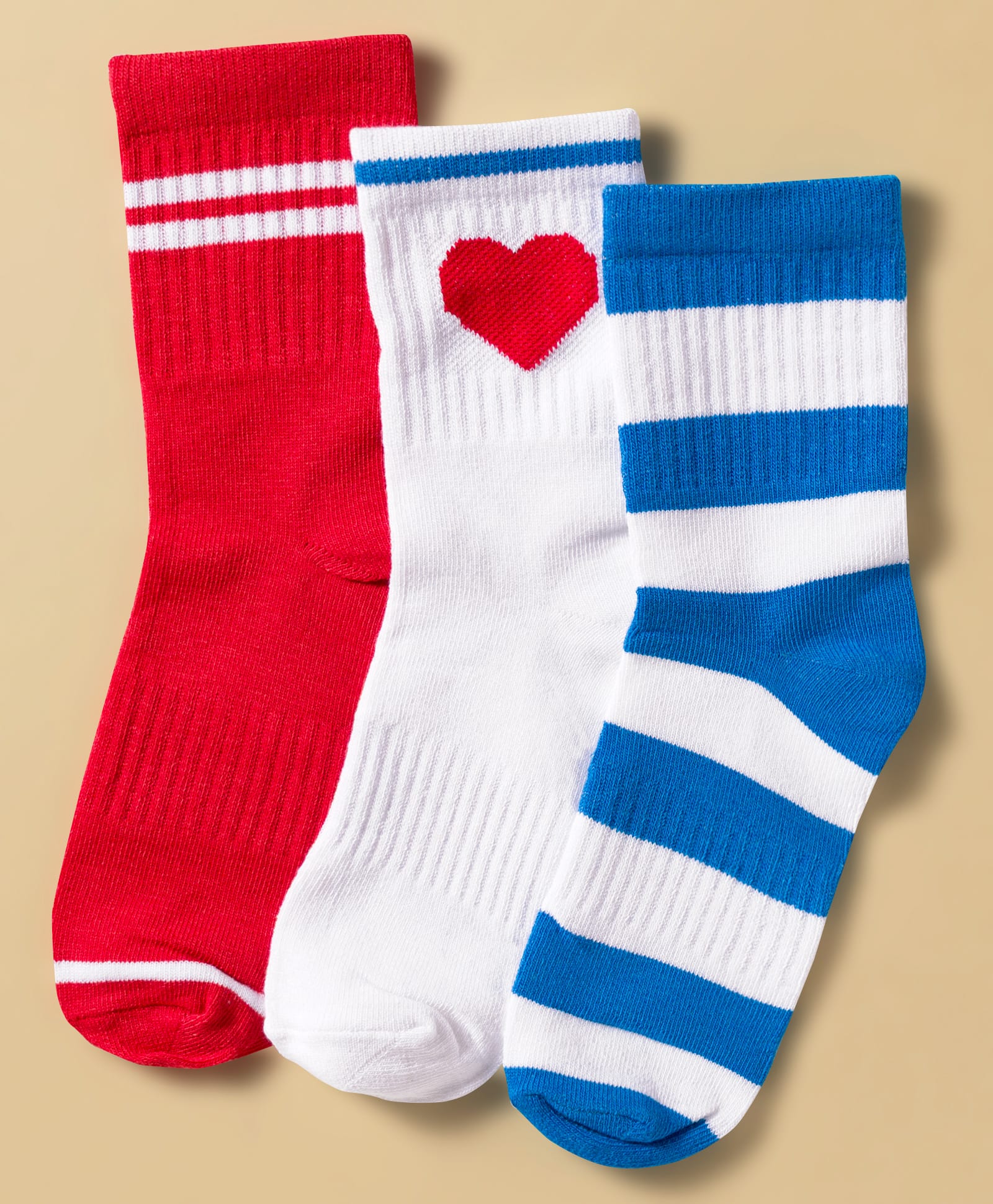 Honeyhap Premium Cotton Blend Knit Cotton Bamboo Spandex Socks with Bio Finish & Heart Design & Stripes Pack of 3 - Blue White & Red