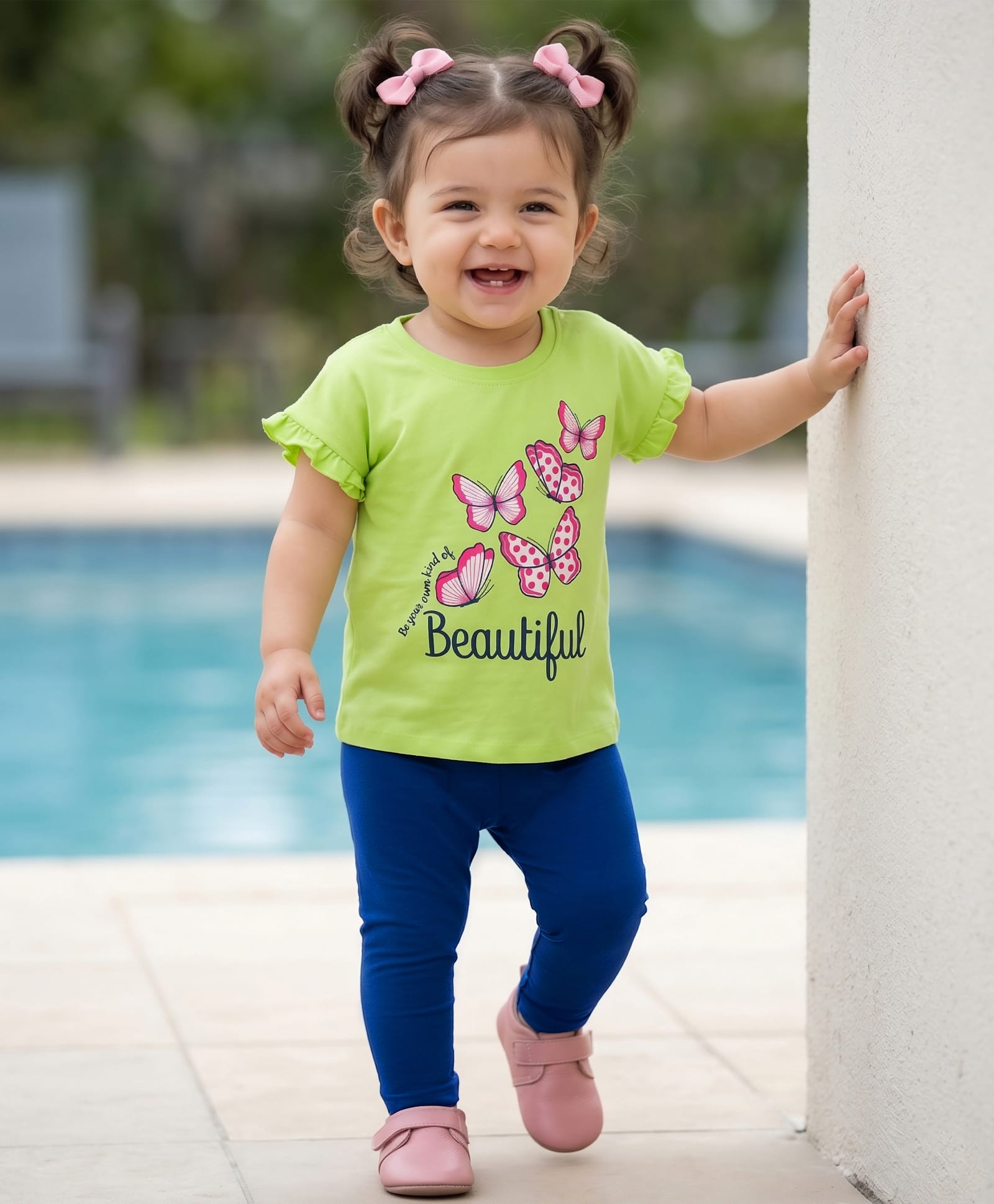 Doodle Poodle 100% Cotton Single Jersey Knit Half Sleeves Top & Lounge Pant Set With Butterfly Print - Lime Green & Navy Blue-picture-13