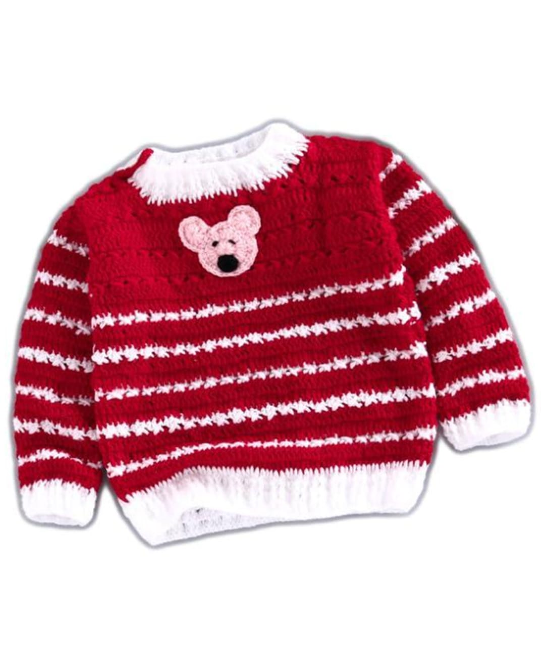 USHA ENTERPRISES Wool Woven Full Sleeves Striped Teddy Patch Detailed Sweater - Red-picture-11