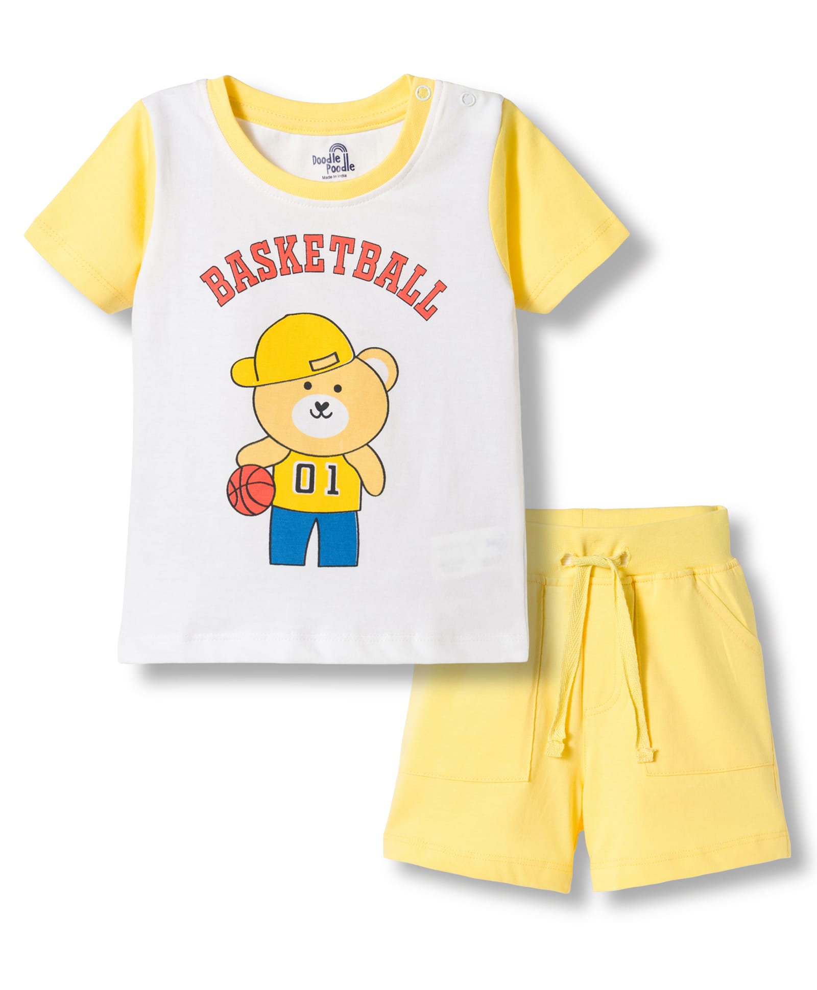Doodle Poodle 100% Cotton Single Jersey Knit Half Sleeves T-Shirt & Shorts Set with Bear Print - White & Lemon-image-30