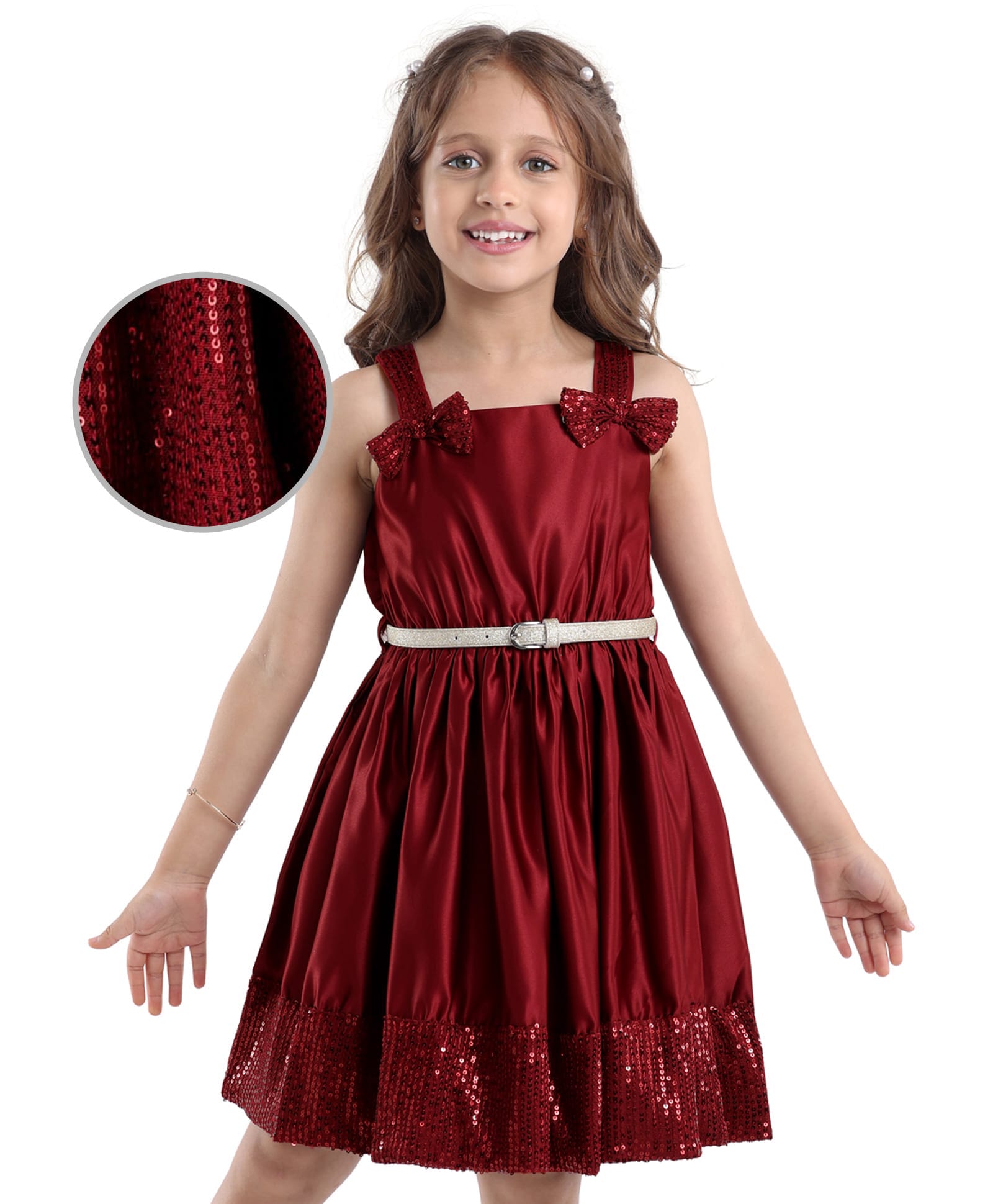 Hola Bonita Woven Sleeveless Dress with Belt Bow Applique & Sequin Detailing - Maroon-image-20