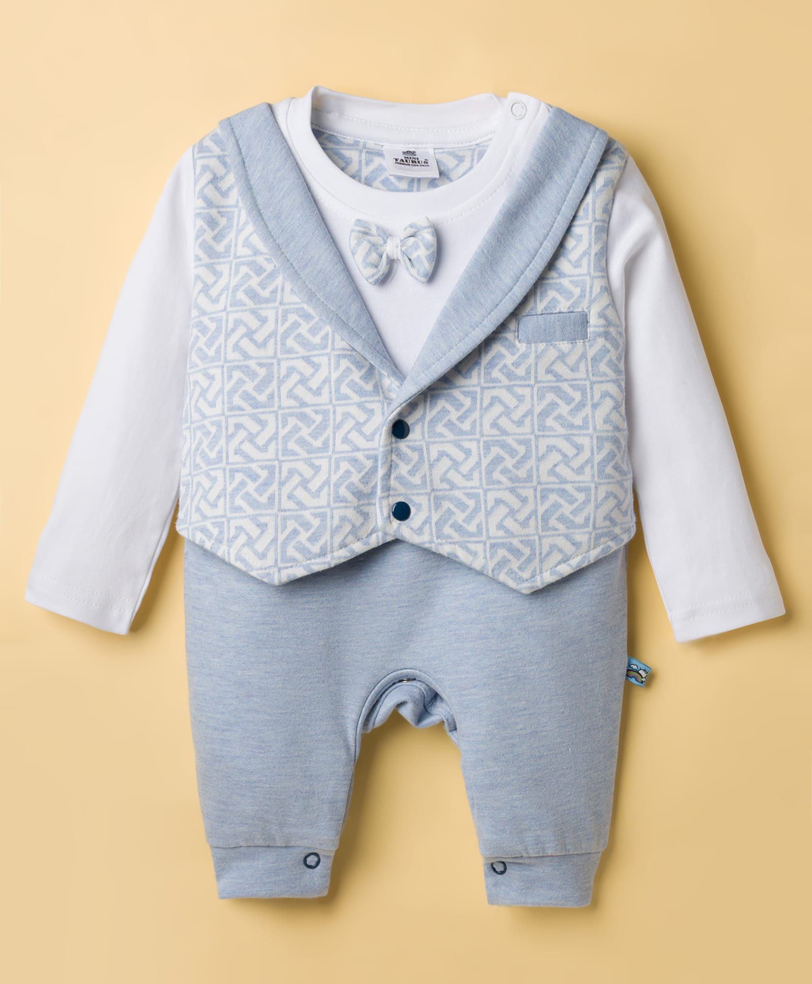 Mini Taurus Interlock Woven Full Sleeves Printed Party Romper With Bow Applique & Attached Waistcoat - Light Blue-picture-11
