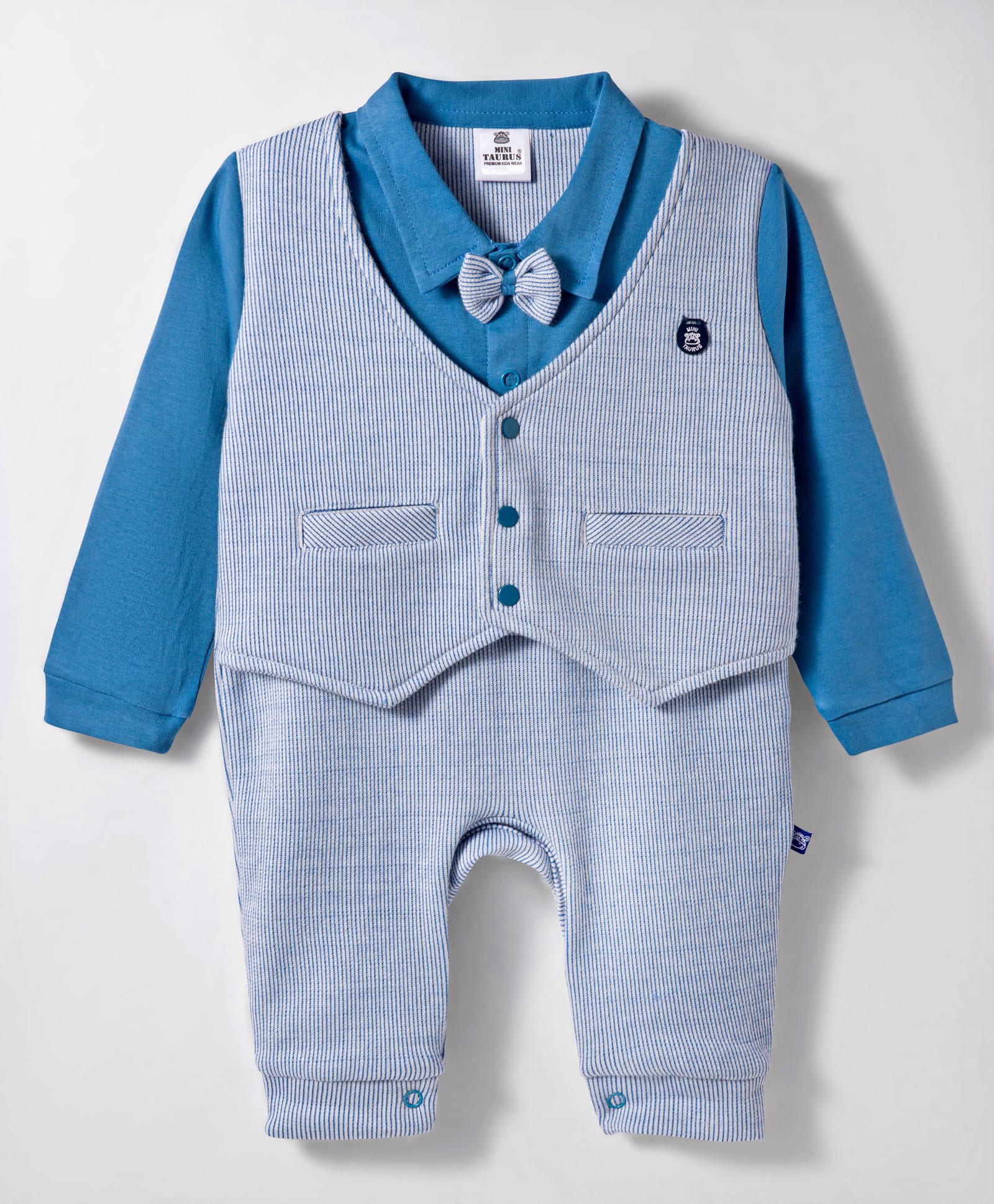 Mini Taurus Interlock Woven Full Sleeves Striped Party Romper With Bow Applique & Attached Waistcoat - Blue-picture-4