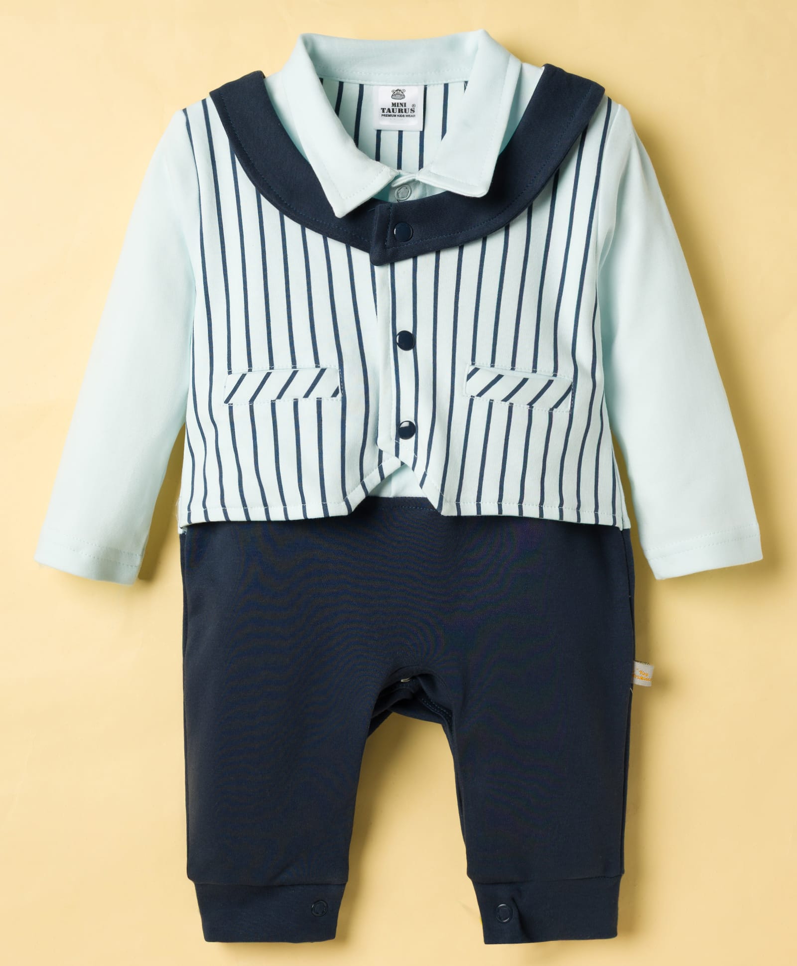 Mini Taurus Interlock Woven Full Sleeves Striped Party Romper - Navy Blue-picture-13