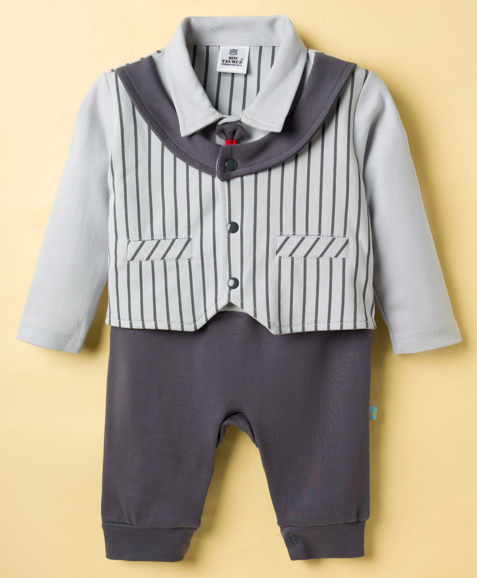 Mini Taurus Interlock Woven Full Sleeves Striped Party Romper - Grey-picture-18