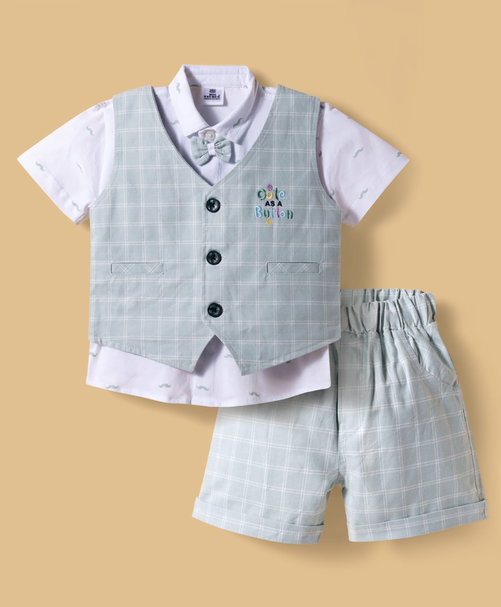 Mini Taurus Sinker Knit Half Sleeves Printed 3 Piece Party Suit With Bow Applique - Sea Green-picture-17