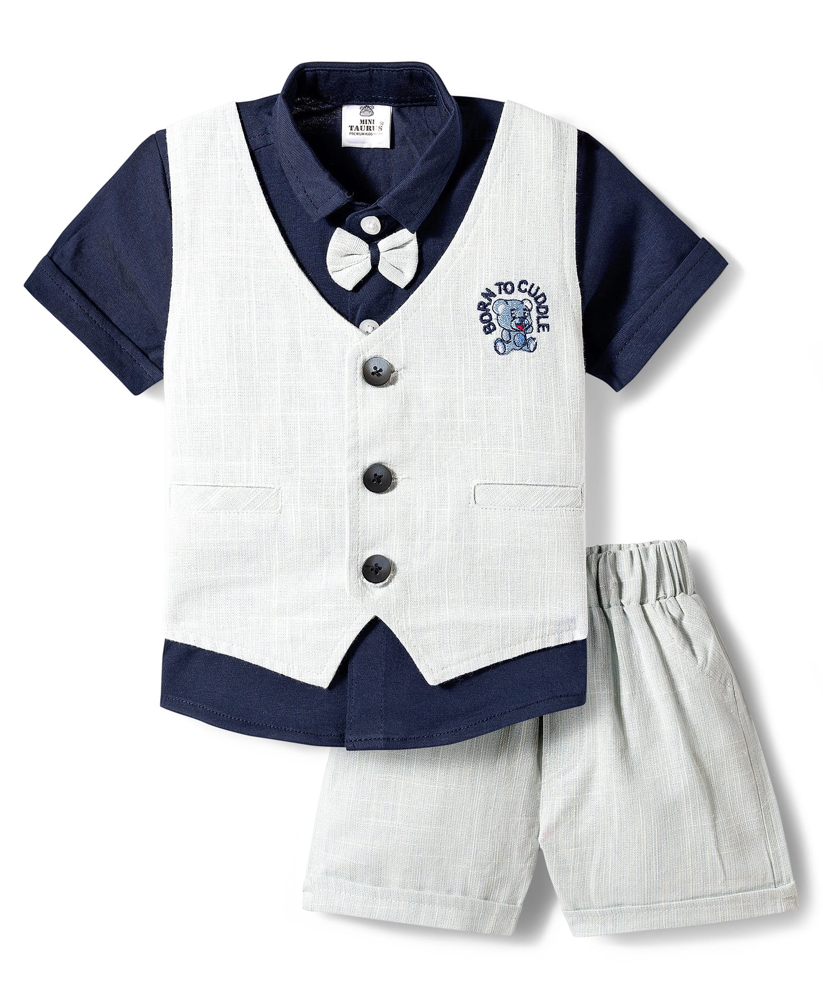 Mini Taurus Sinker Knit Half Sleeves 3 Piece Party Suit With Bow Applique & Teddy Bear Embroidery - Light Blue-picture-31