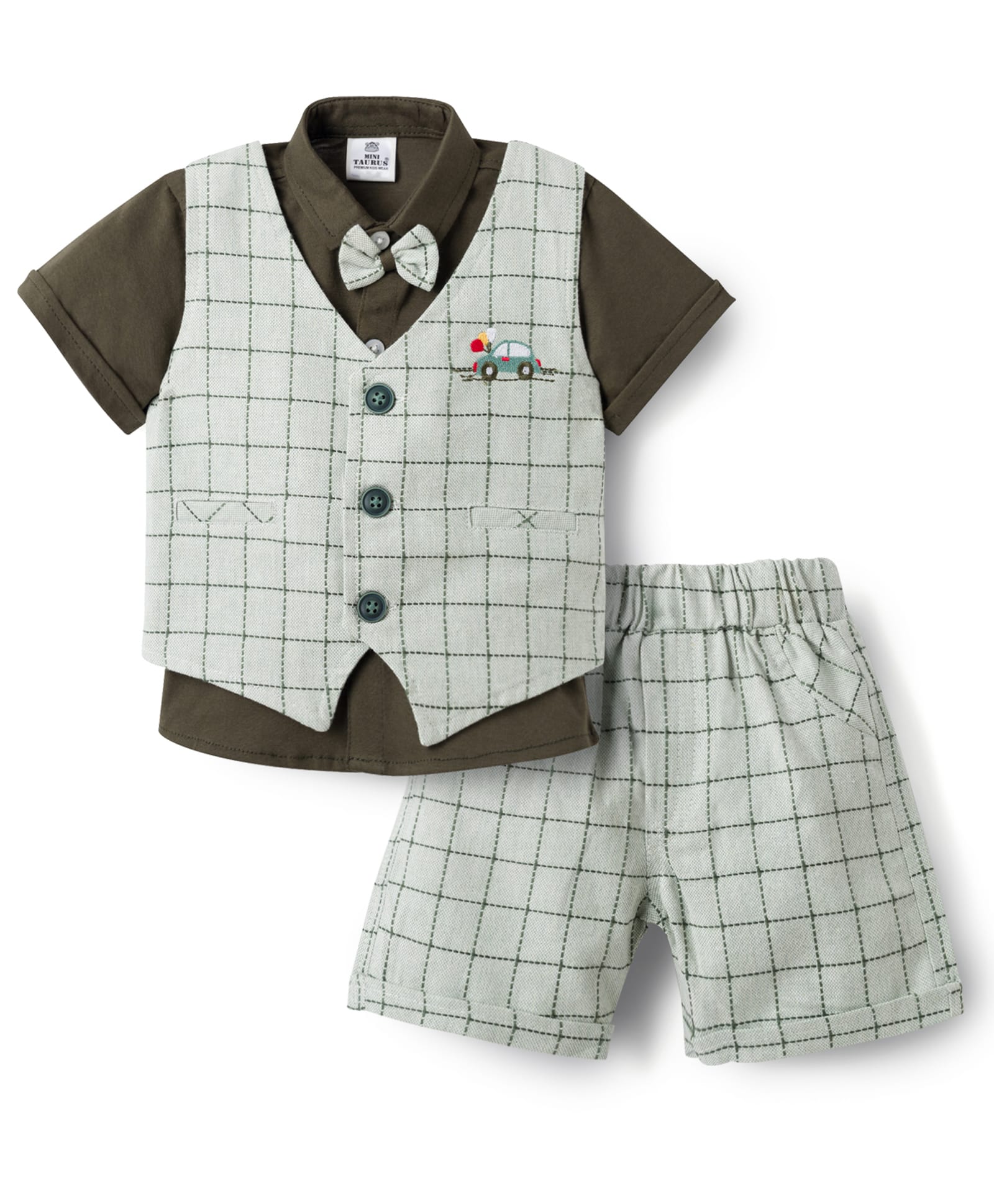 Mini Taurus Sinker Knit Half Sleeves Checks 3 Piece Party Suit With Bow Applique & Car Embroidery - Green-picture-16