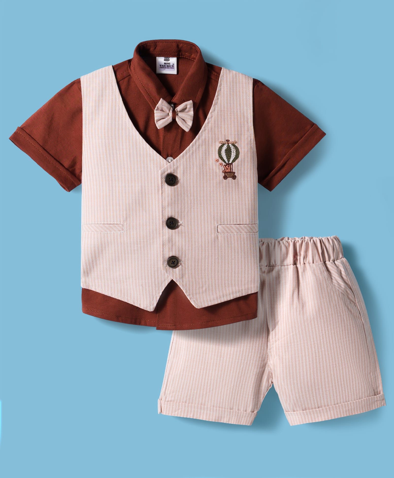 Mini Taurus Sinker Knit Half Sleeves Striped 3 Piece Party Suit With Bow Applique & Air Balloon Embroidery - Beige-picture-16