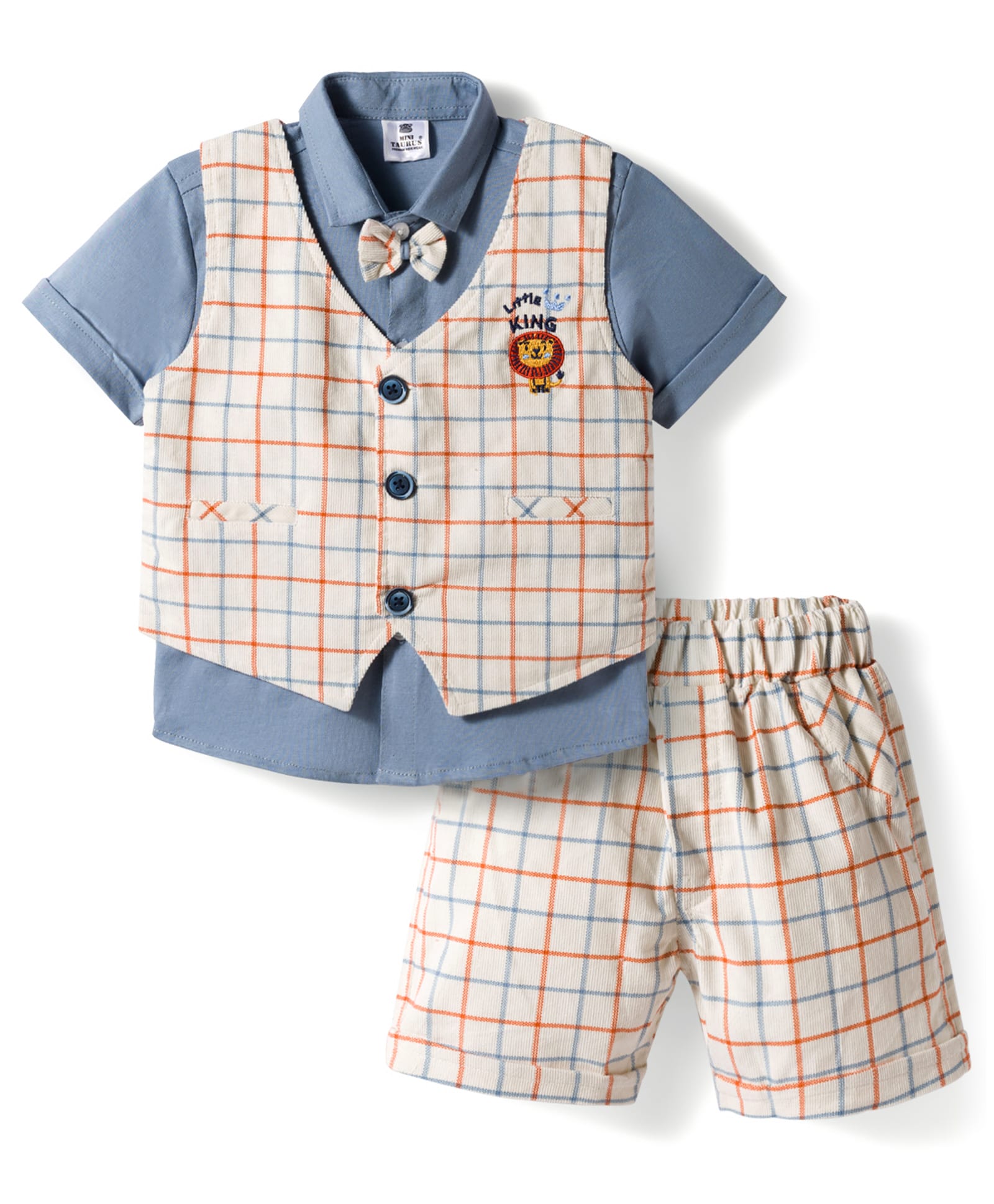 Mini Taurus Sinker Knit Half Sleeves Checks 3 Piece Party Suit With Bow Applique & Lion Embroidery - Blue-picture-14