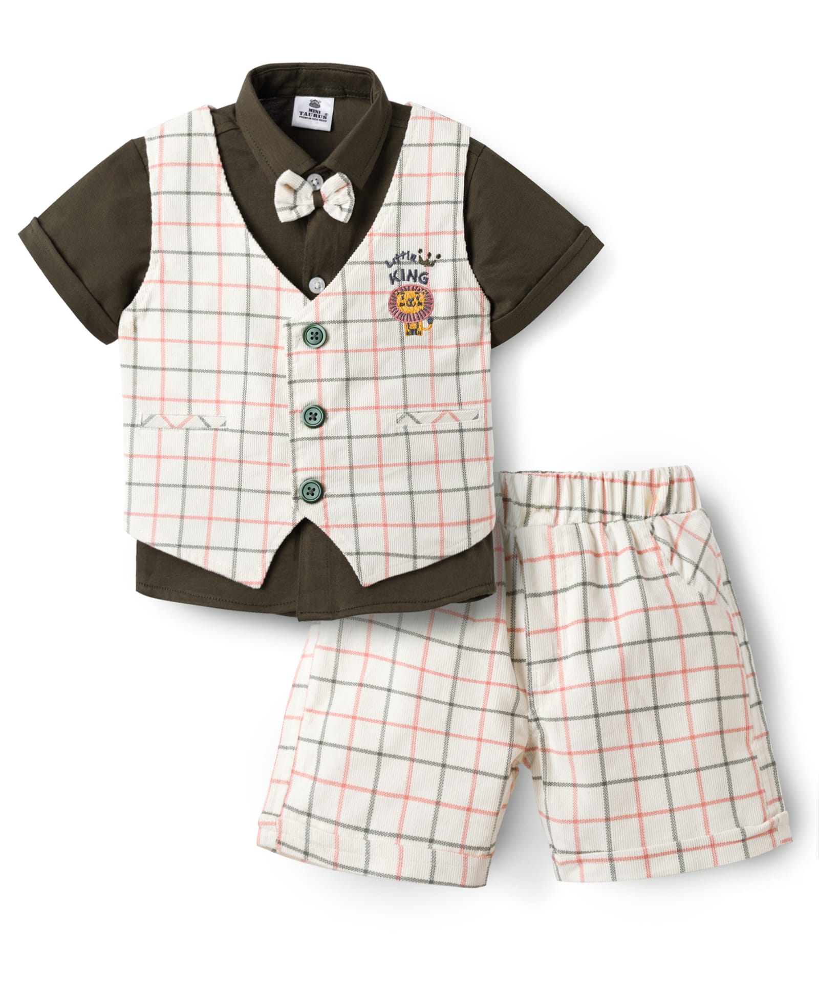 Mini Taurus Sinker Knit Half Sleeves Checks 3 Piece Party Suit With Bow Applique & Lion Embroidery - Green-picture-38