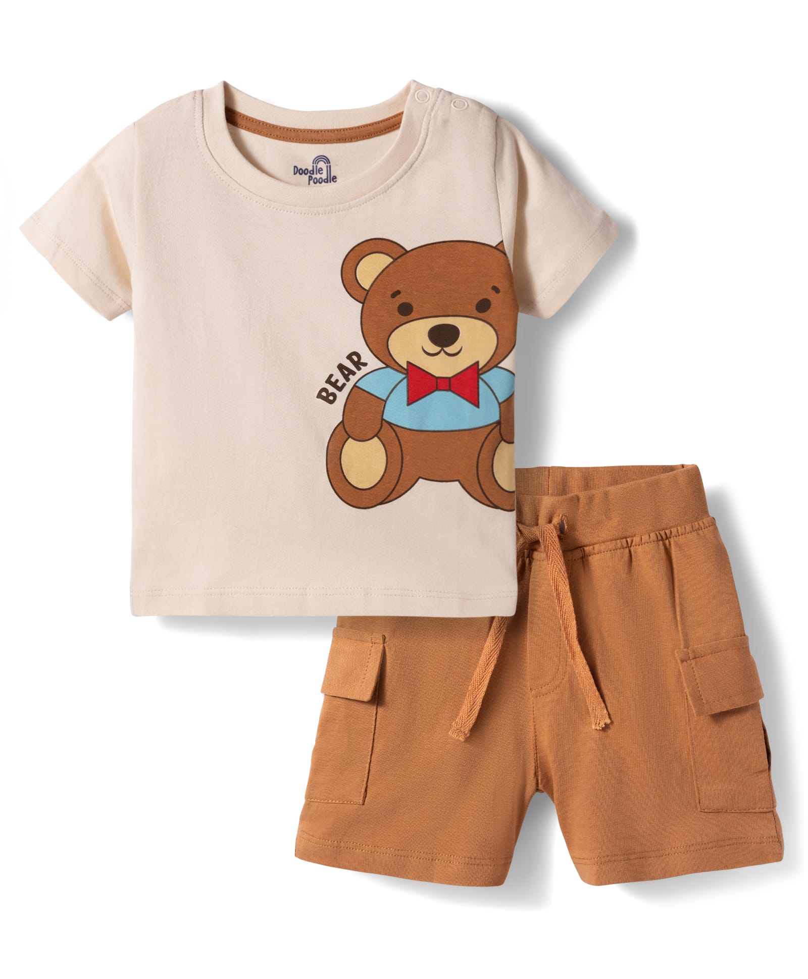 Doodle Poodle 100% Cotton Single Jersey Knit Half Sleeves T-Shirt & Shorts Set with Bear Print & Patch Pocket - Cream & Brown-image-12