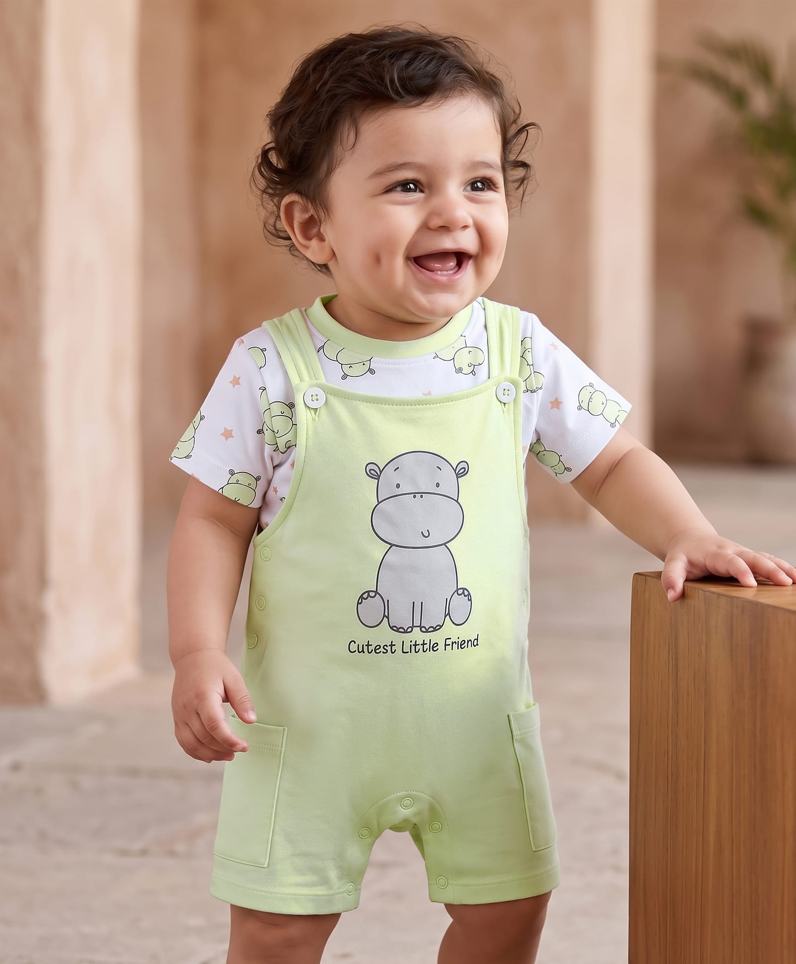 Babyoye 100% Cotton Knit Half Sleeves Hippo Printed Dungaree With Inner Tee - Light Green-image-30