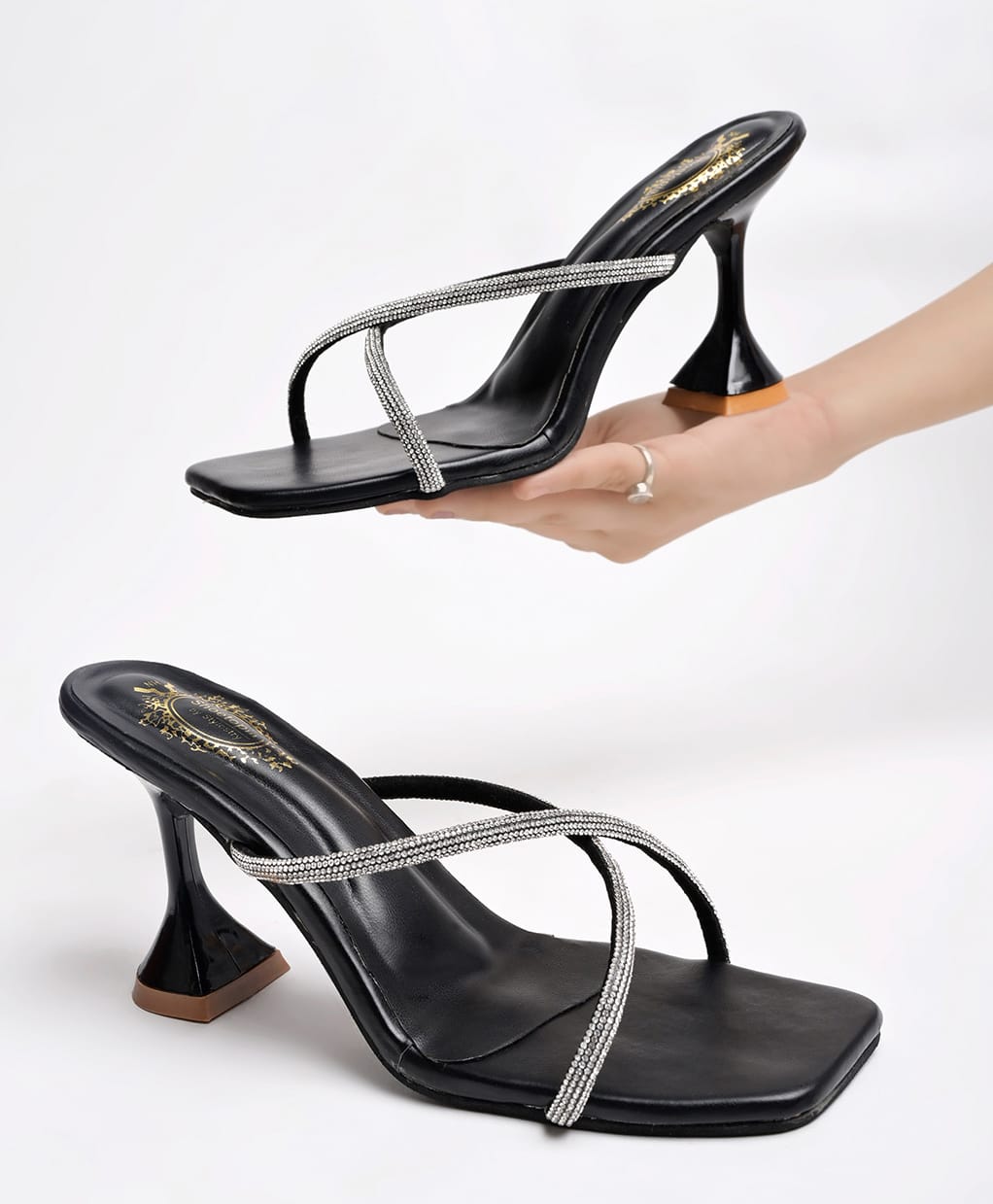 Shoetopia Stone Embellished Criss Cross Straps Square Toe Heels - Black-picture-27