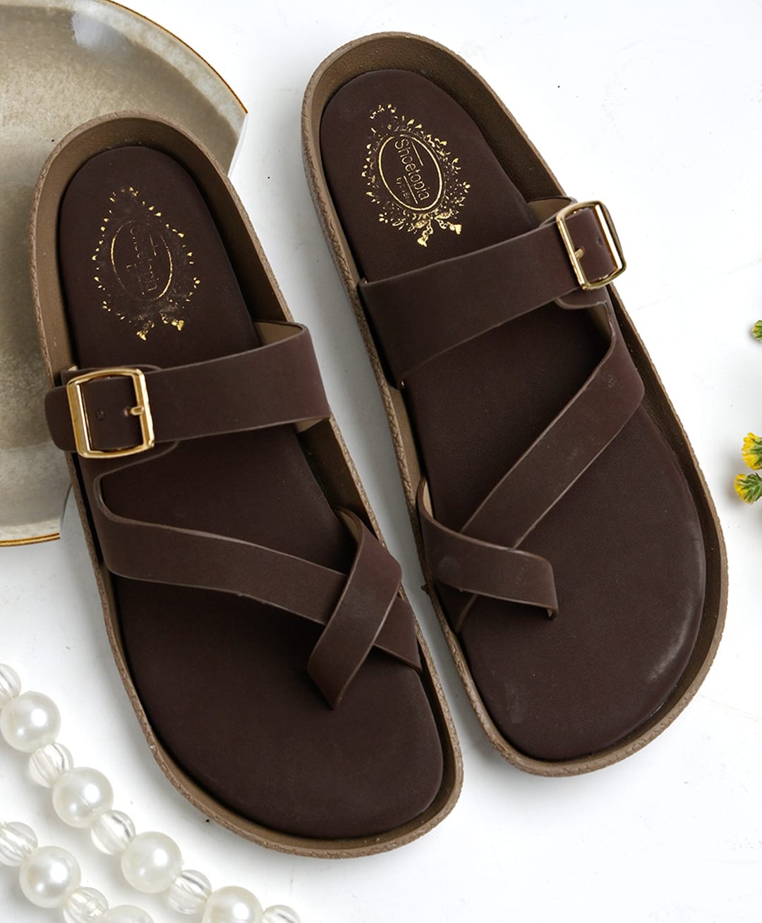 Shoetopia Solid Slip On Beach Slides - Brown-picture-13