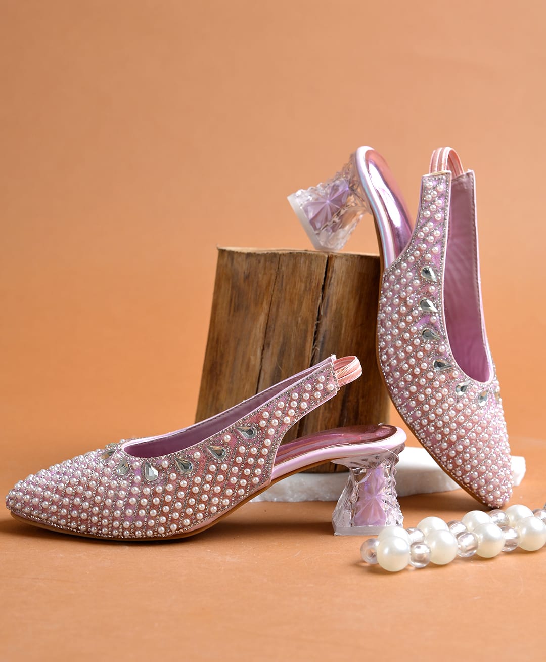 Shoetopia Pearl & Stone Embellished Slingback Heels - Pink-picture-13