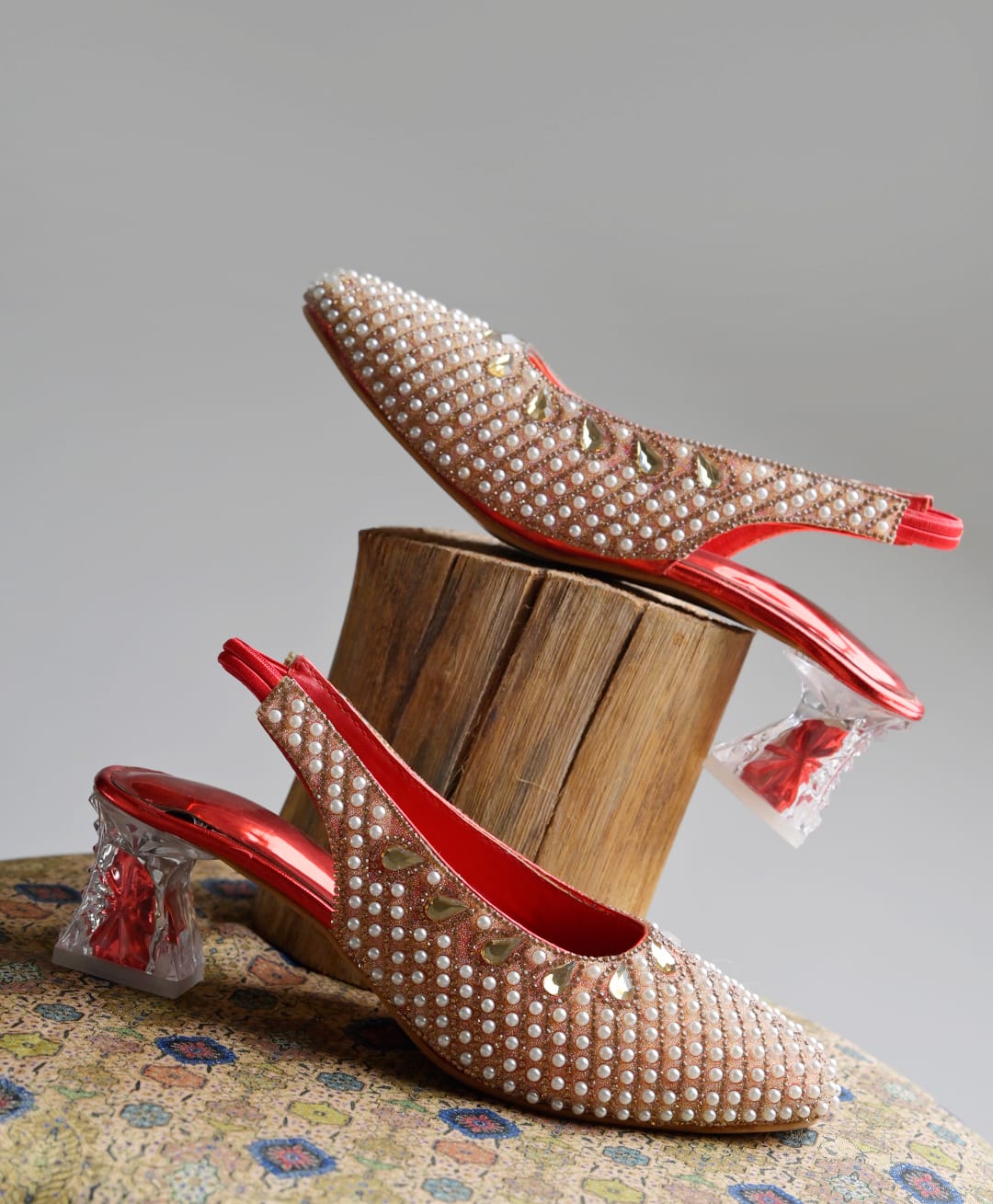 Shoetopia Pearl & Stone Embellished Slingback Heels - Red-picture-11