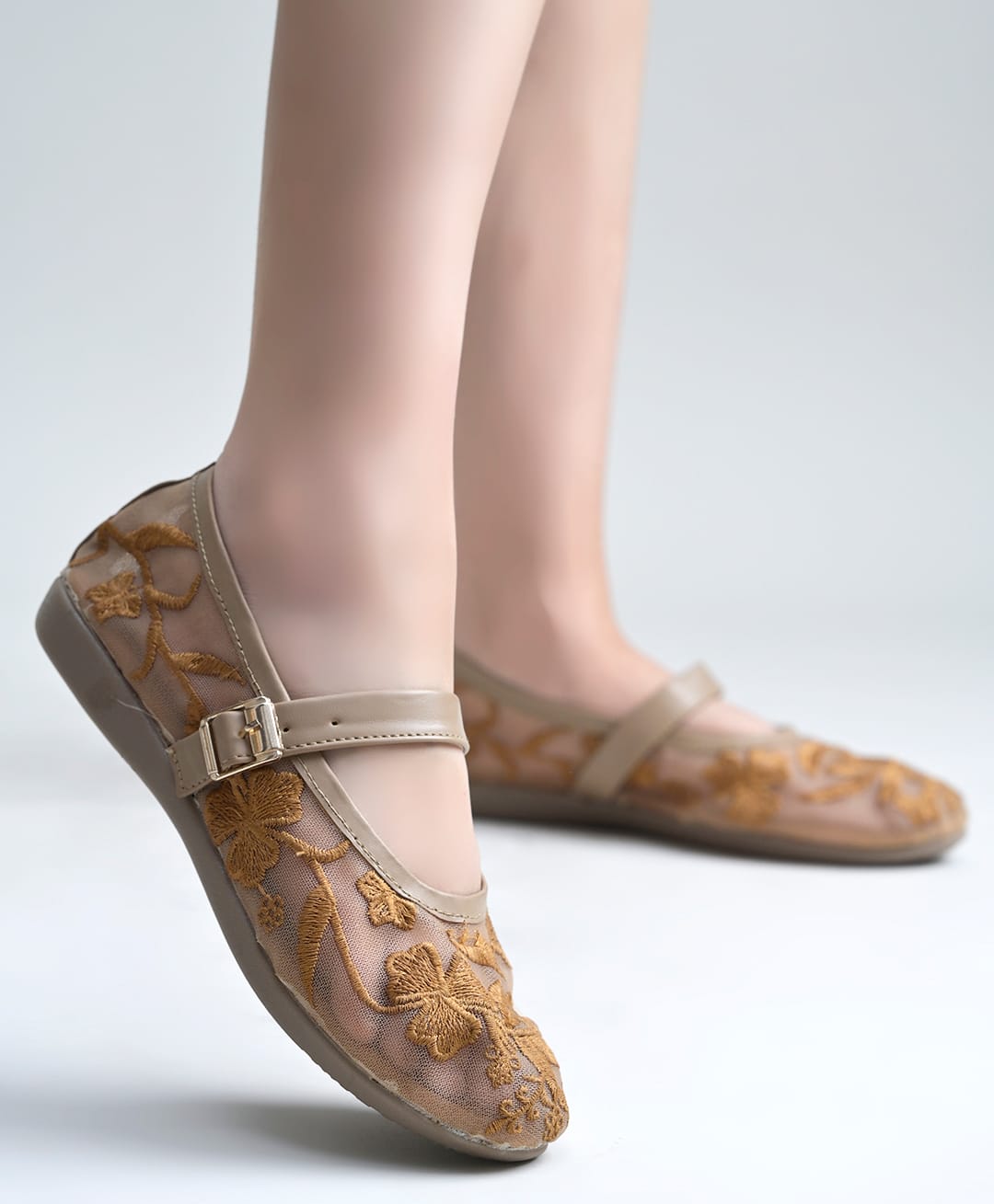 Shoetopia Floral Embroidered Mesh Detailed Mary Jane Ballerinas - Brown-image-23