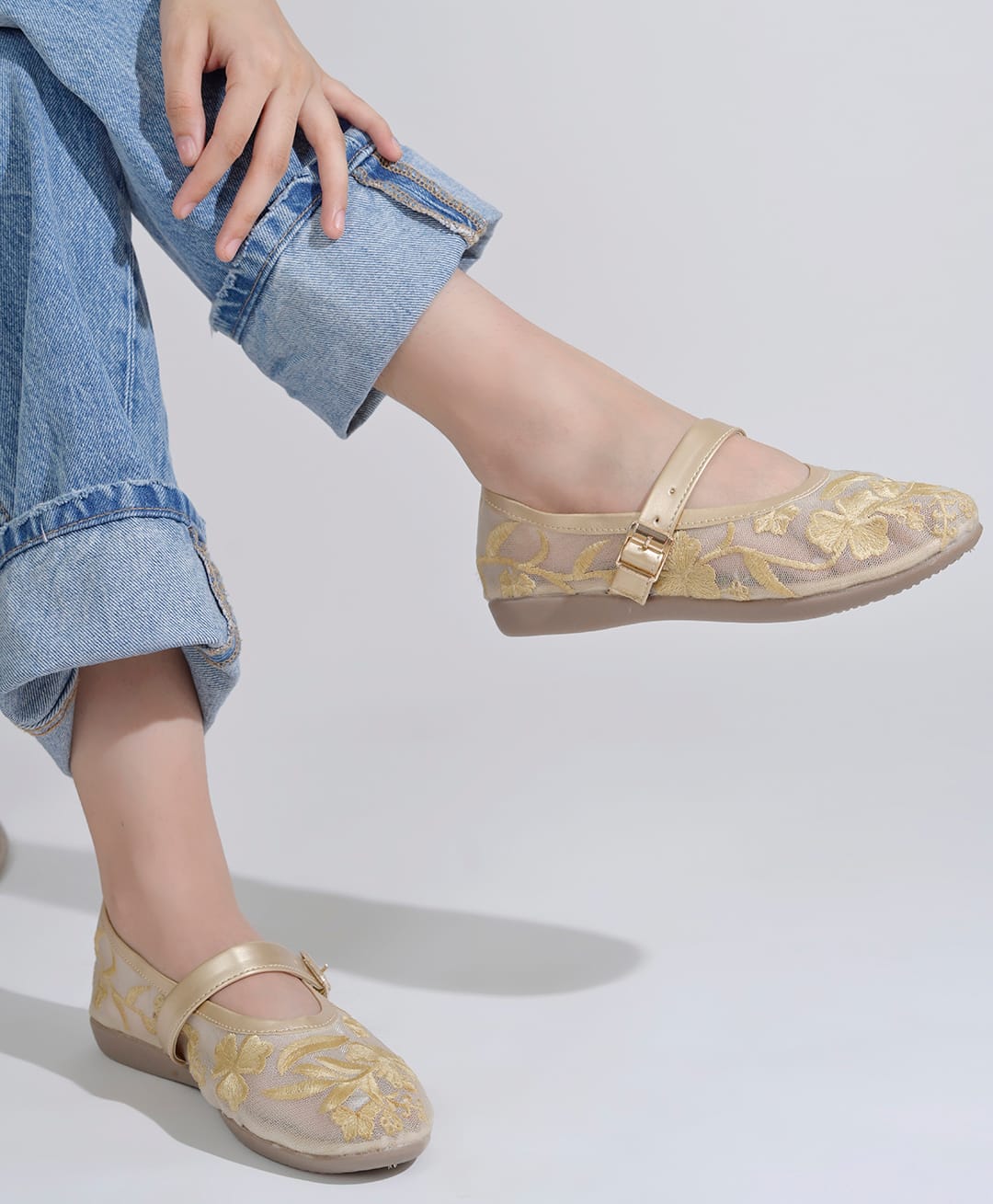 Shoetopia Floral Embroidered Mesh Detailed Mary Jane Ballerinas - Golden-picture-24