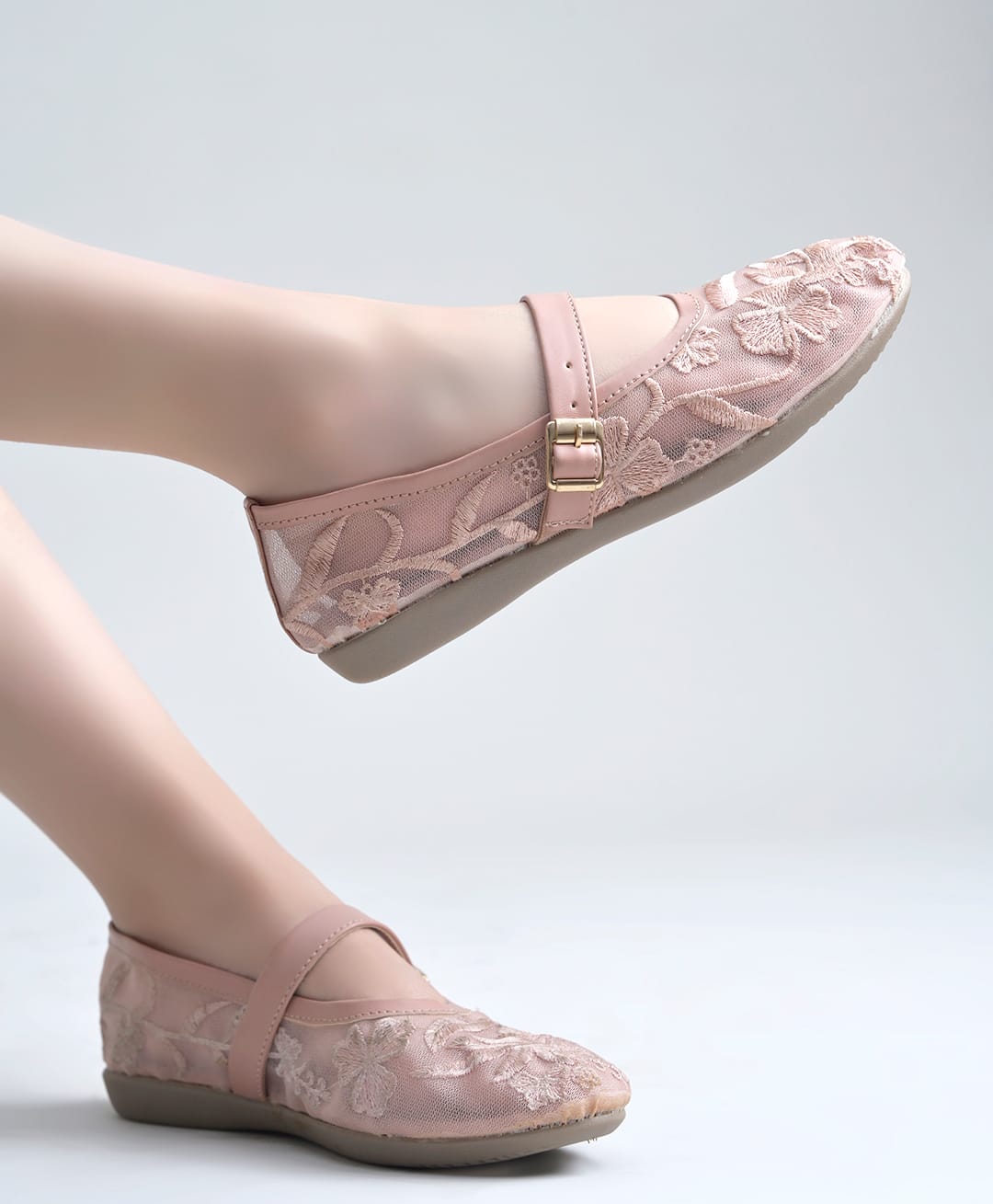 Shoetopia Floral Embroidered Mesh Detailed Mary Jane Ballerinas - Pink-picture-28