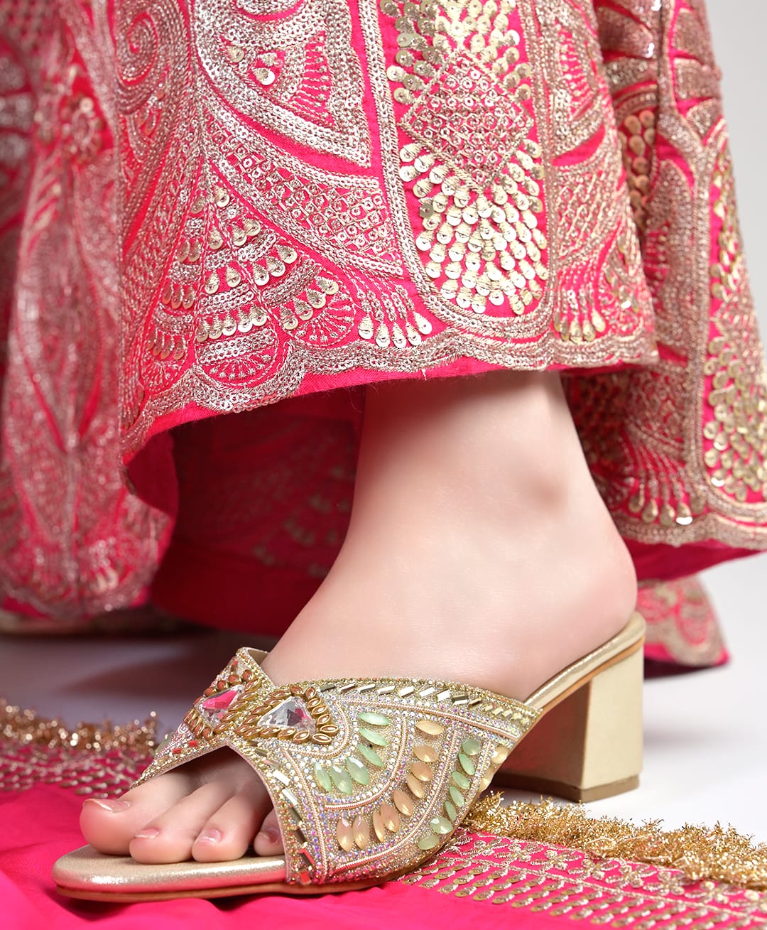 Shoetopia Beads & Crystals Embellished Block Heel Sandals - Gold-image-11