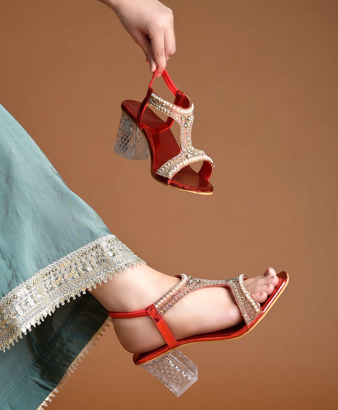 Shoetopia Beads & Crystals Embellished Block Heels Sandals - Red-picture-20
