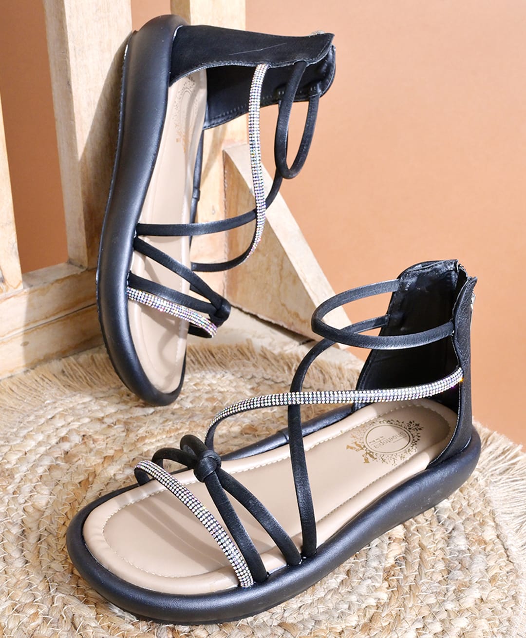 Shoetopia Rhinestones Embellished Zipper Sandals - Black-image-38