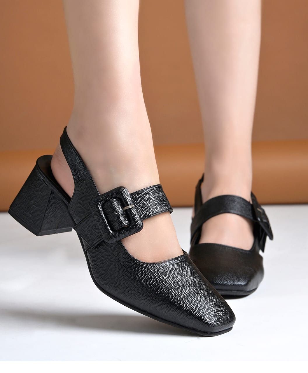 Shoetopia Buckle Detailed Slingback Heels - Black-image-3