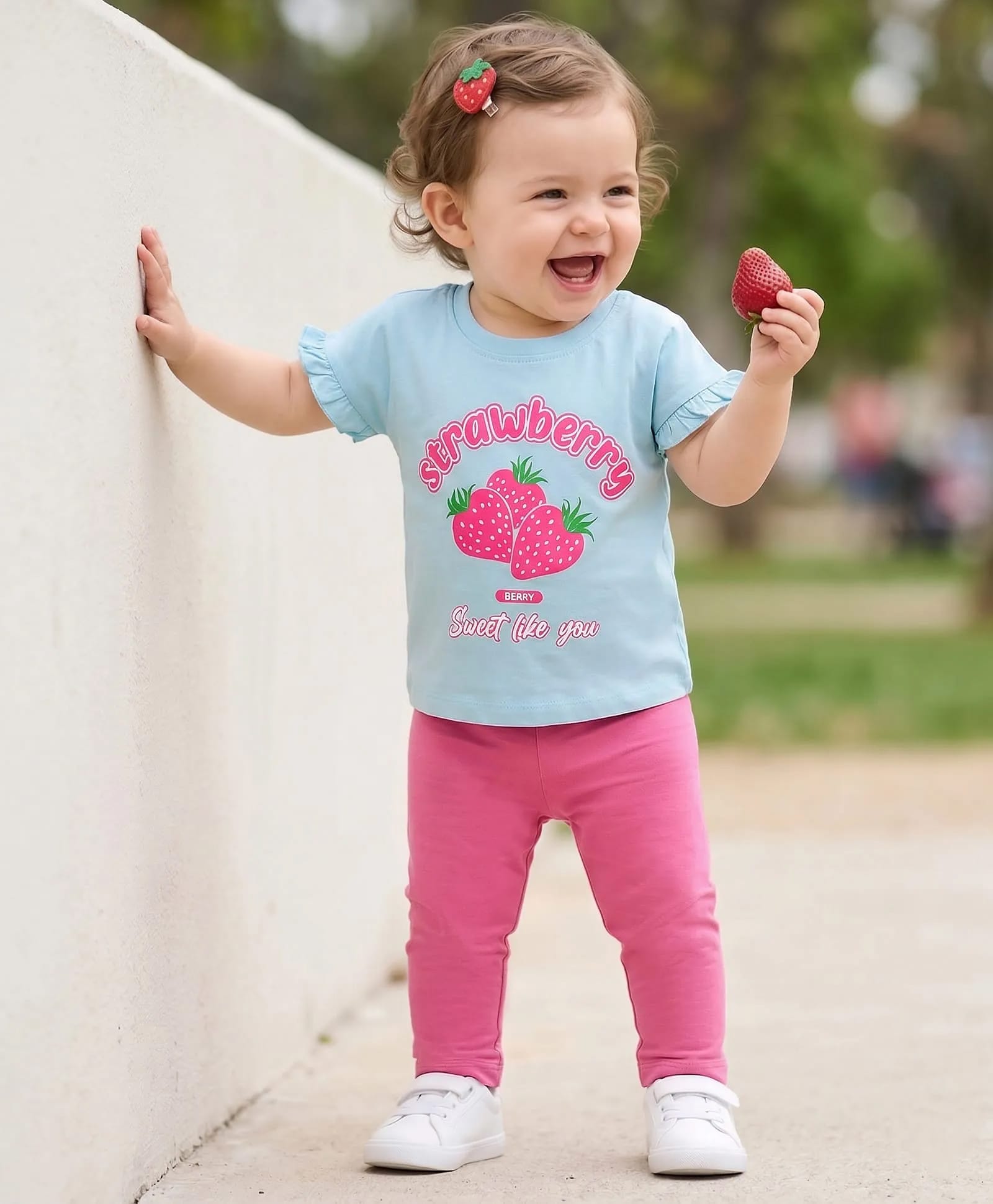 Doodle Poodle 100% Cotton Single Jersey Knit Half Frill Sleeves Top & Leggings Set with Strawberry Print - Pink & Blue-picture-49