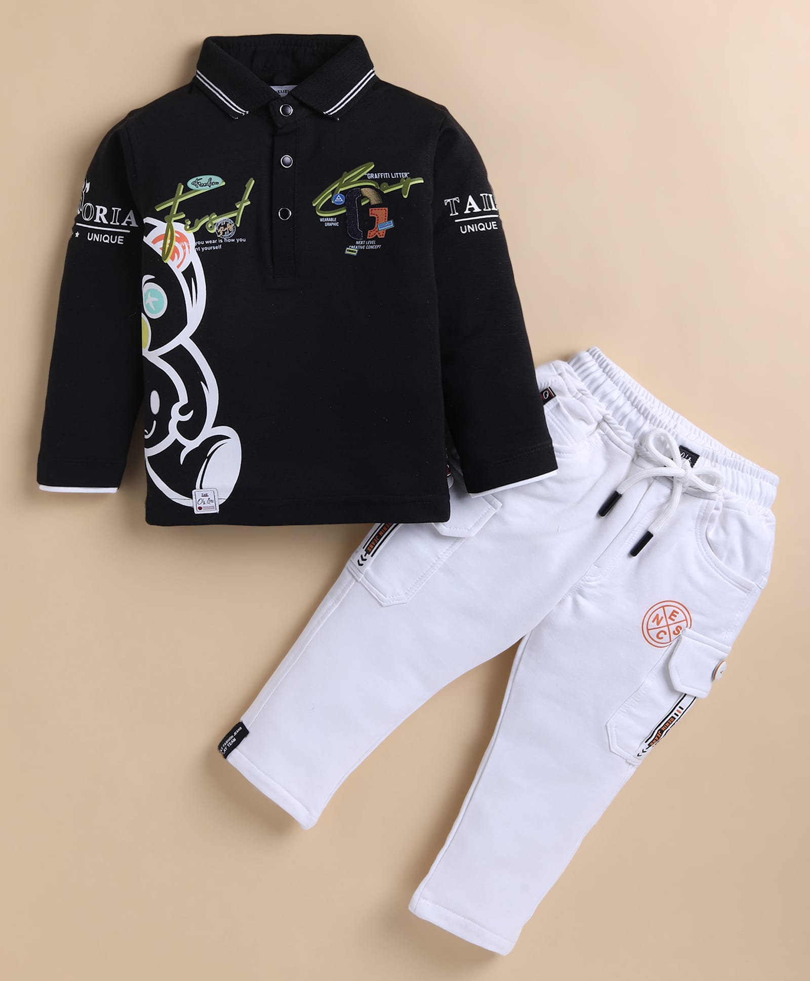 Olyoly Cotton Knit Full Sleeves Teddy Bear Printed Tee & Pant Set - Black-image-29