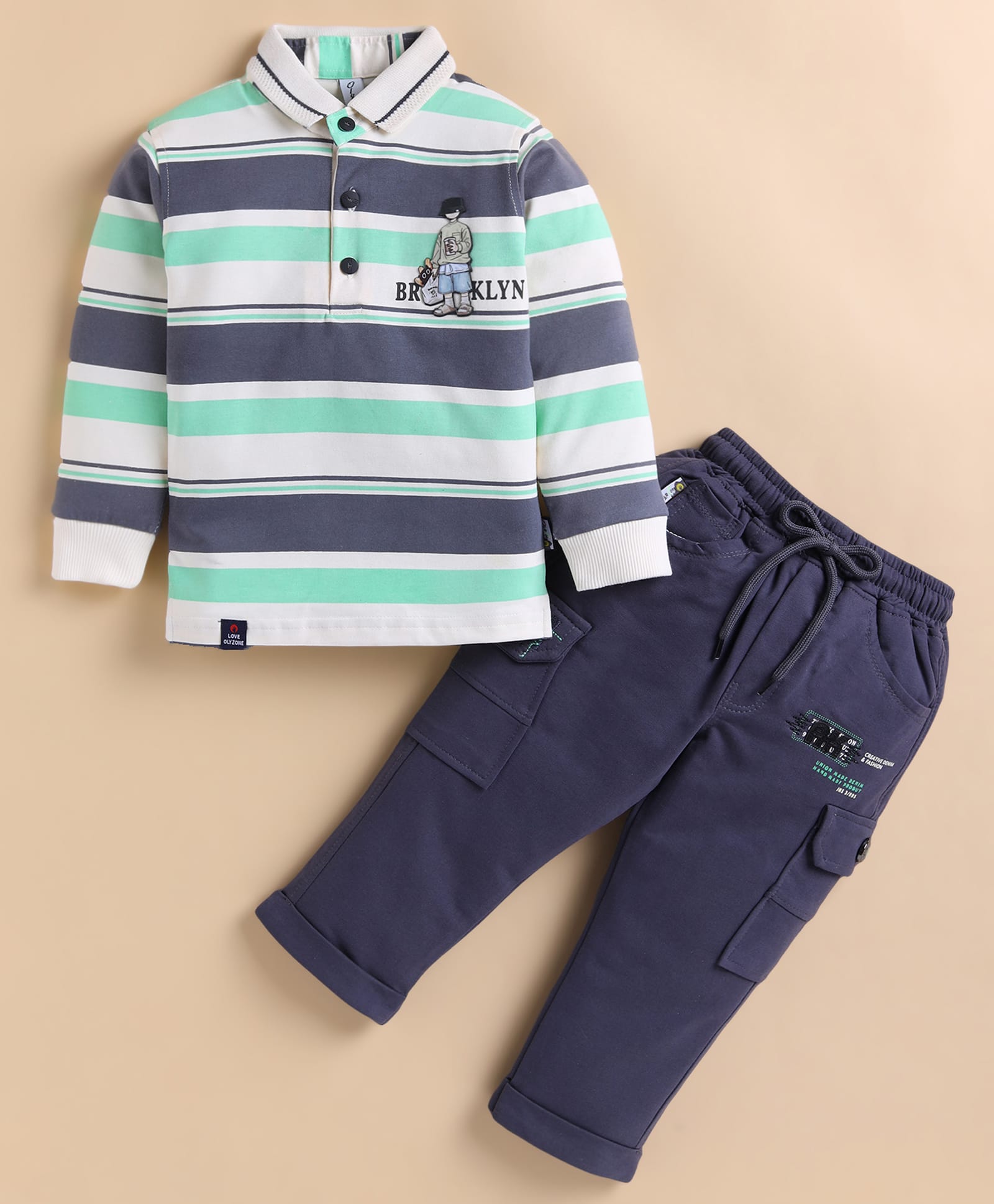 Olyoly Cotton Knit Full Sleeves Boy Printed & Striped Tee & Pant Set - Green-image-16