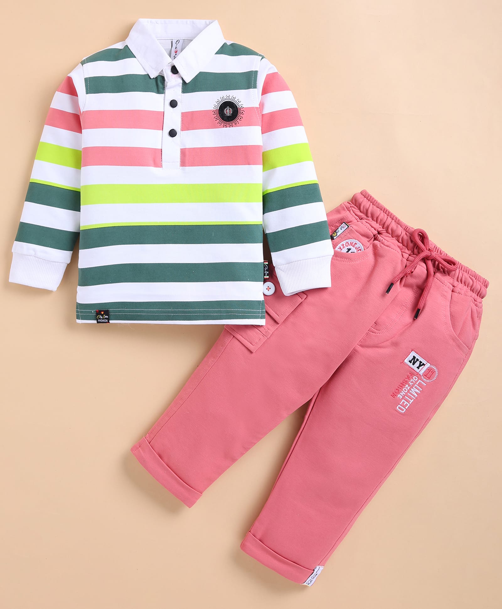 Olyoly Cotton Knit Full Sleeves Striped Tee & Pant Set - Pink-image-11