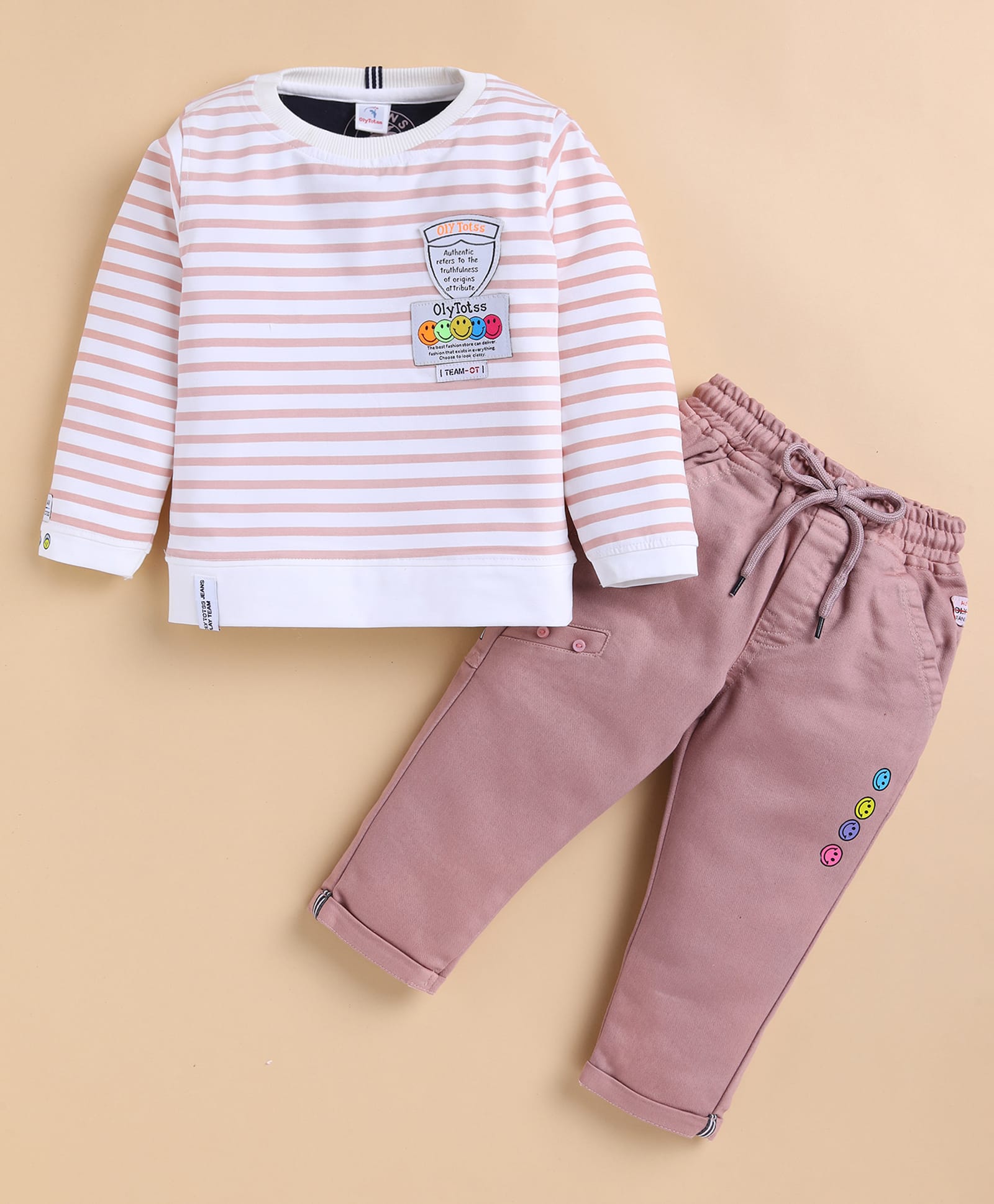 Olyoly Cotton Knit Full Sleeves Striped & Smiley Patch Detailed Tee & Pant Set - Pink-picture-12