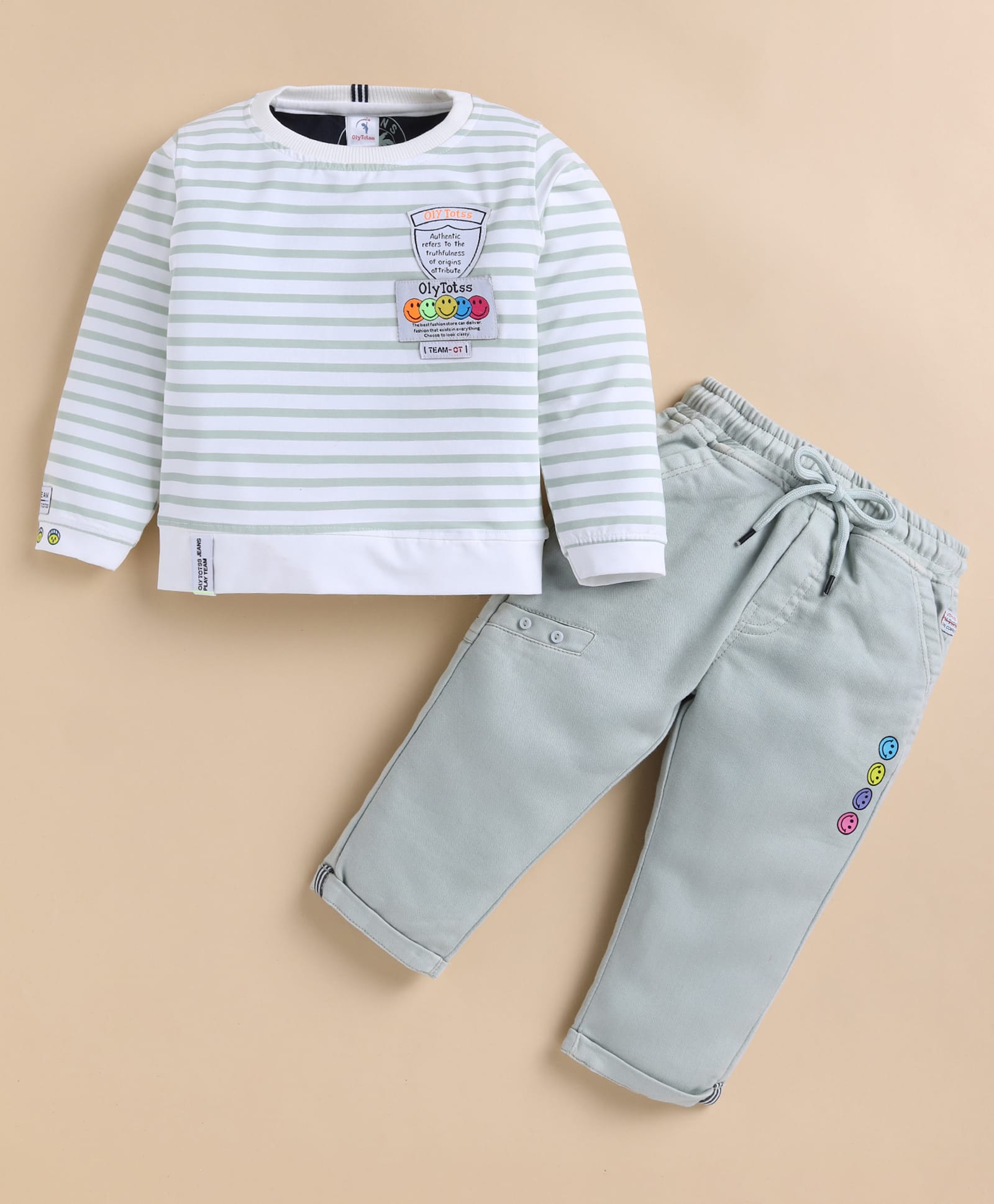 Olyoly Cotton Knit Full Sleeves Striped & Smiley Patch Detailed Tee & Pant Set - Green-picture-20