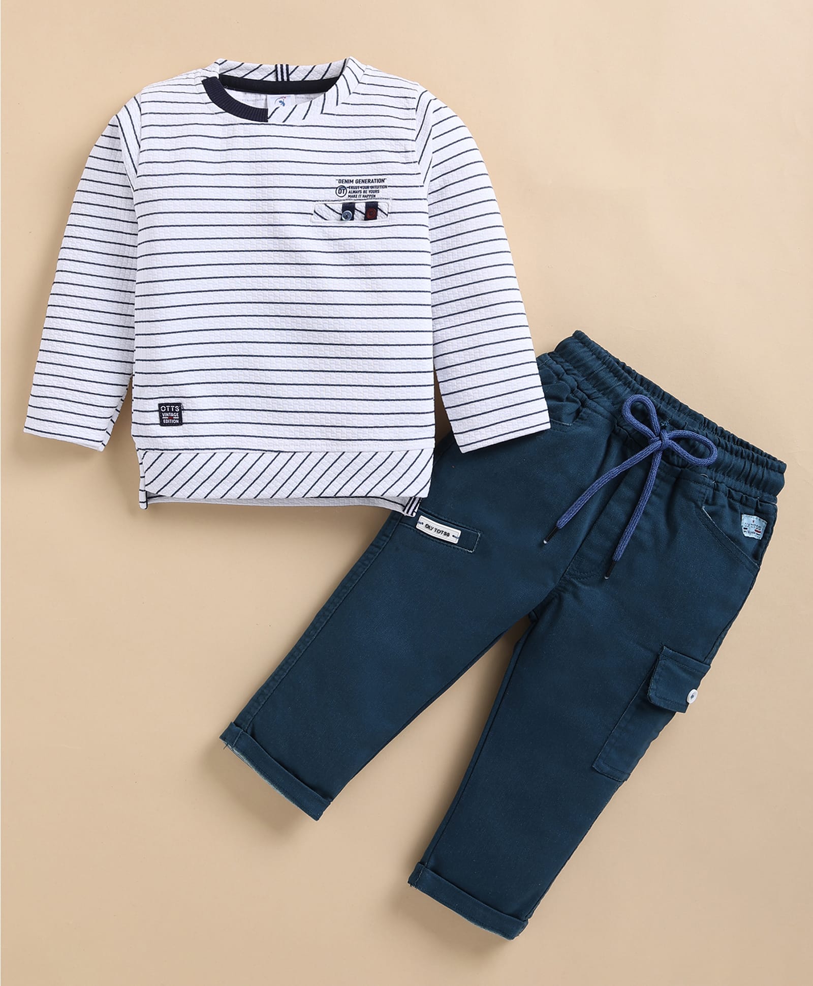 Olyoly Cotton Knit Full Sleeves Striped & Typography Printed Tee & Pants Set - Blue-image-28