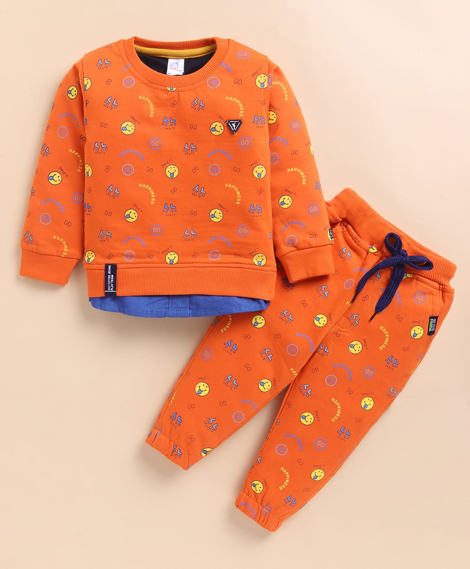 Olyoly Cotton Knit Full Sleeves Smiley & Typography Printed Coordinating Tee & Pants Set - Orange-picture-21