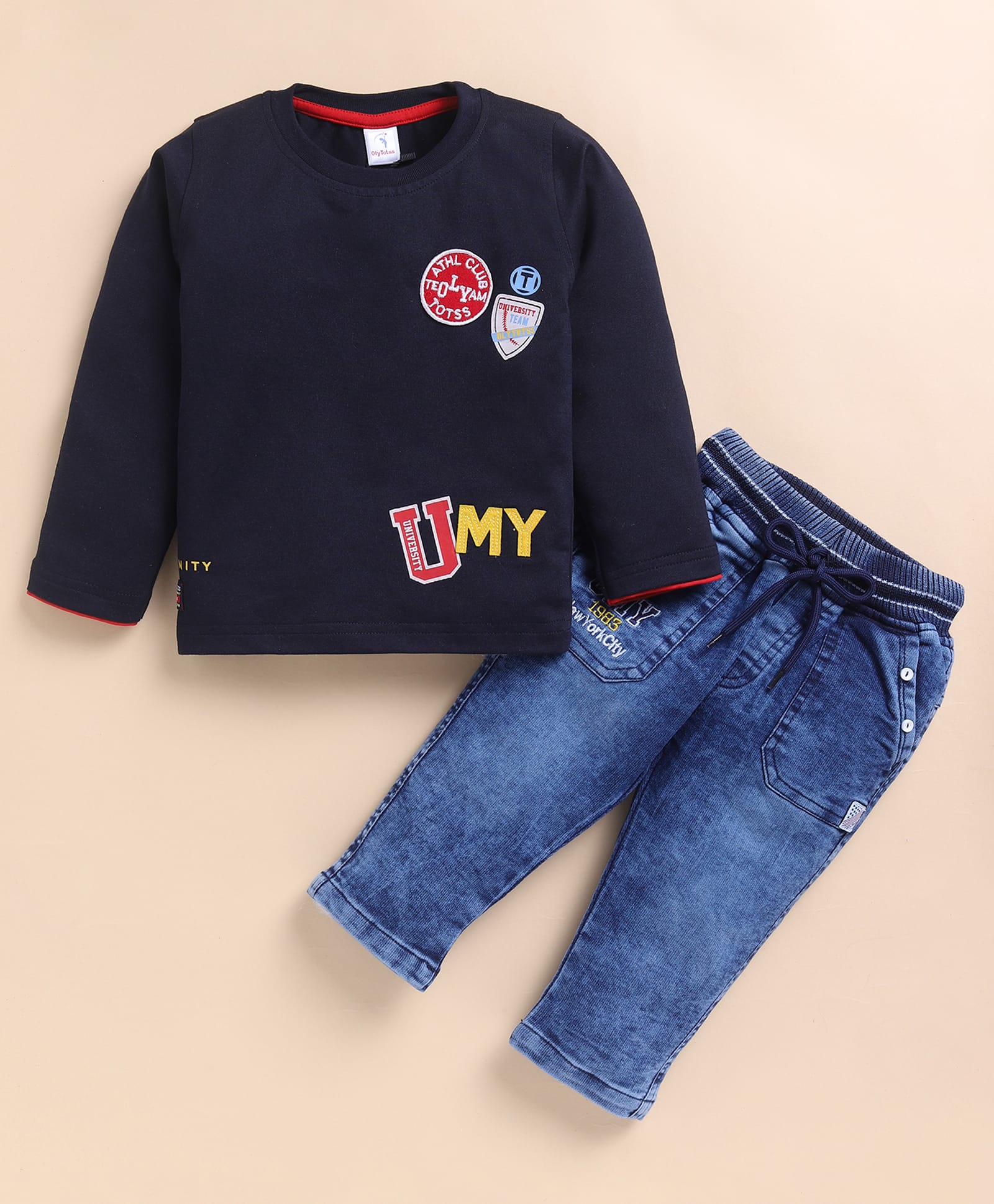 Olyoly Cotton Knit Full Sleeves Typography Patch Detailed Tee & Pants - Navy Blue-image-13