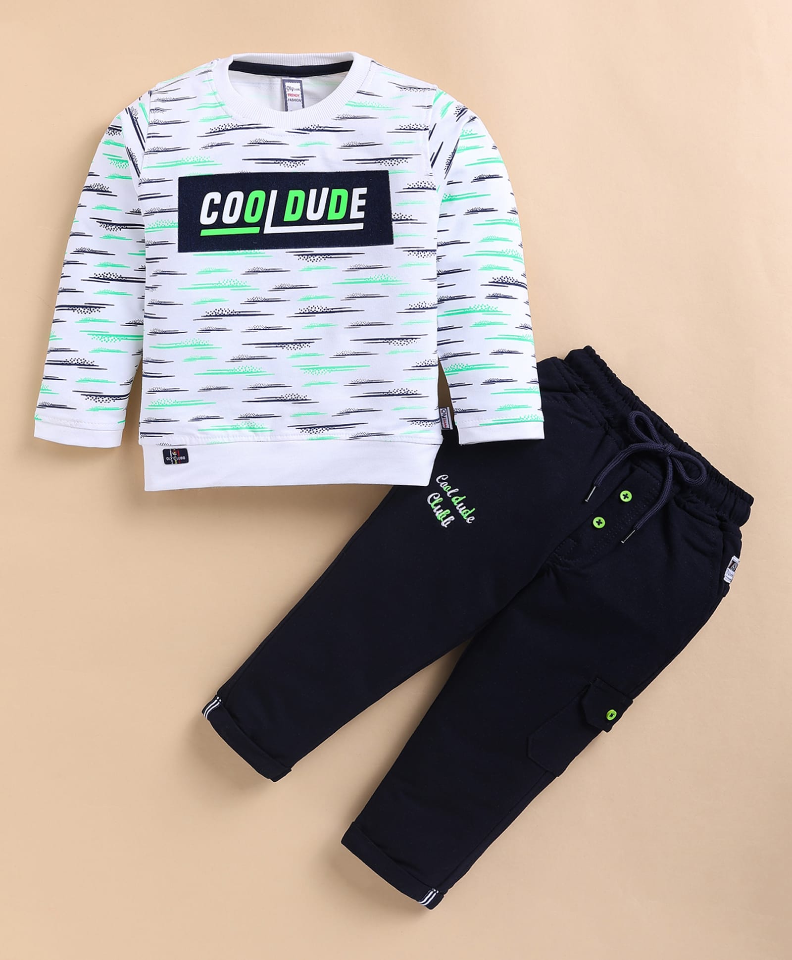 Olyoly Cotton Knit Full Sleeves Cool Dude Text & Abstract Printed Tee & Pants Set - Green-image-30